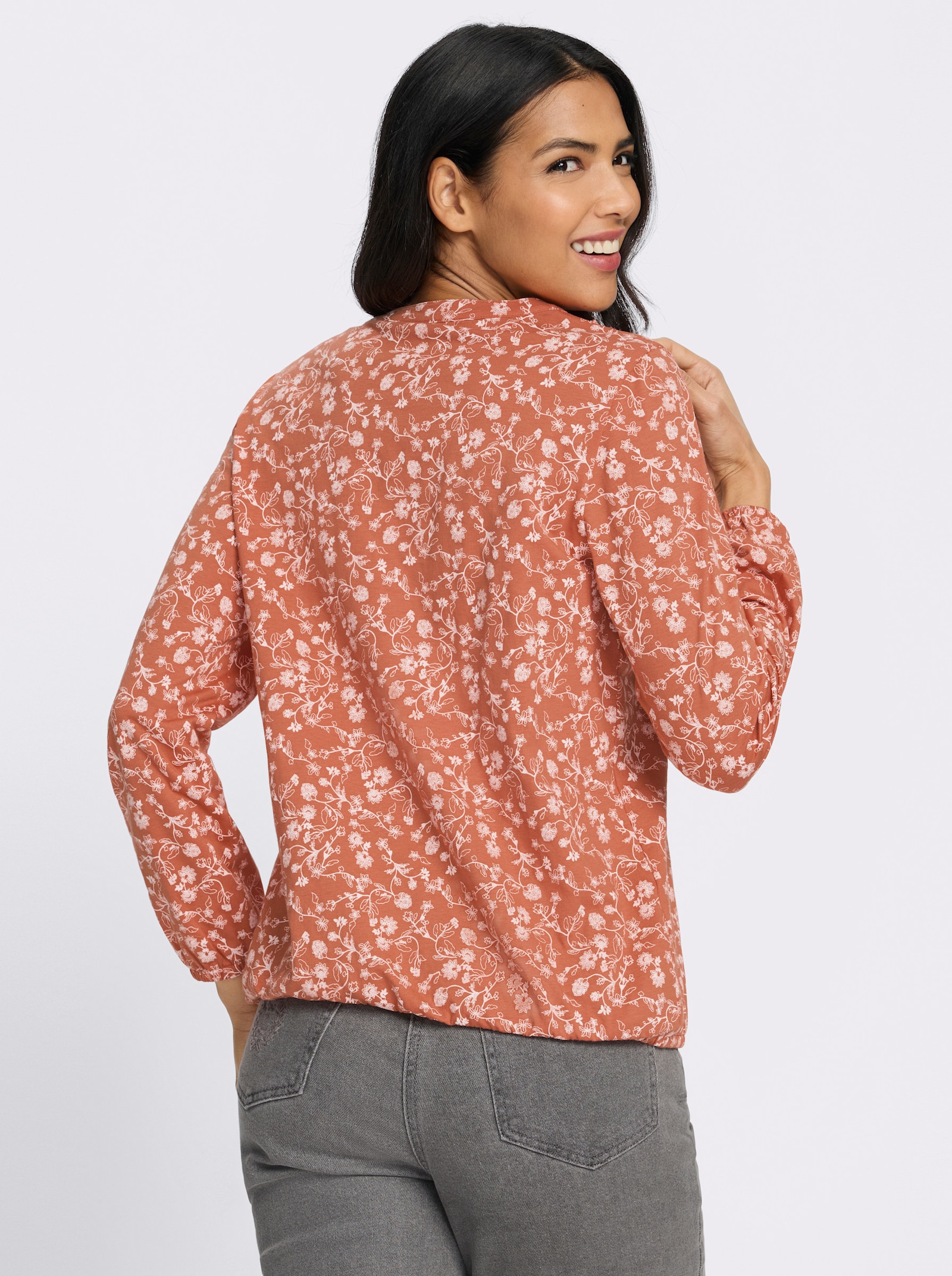 Langarmshirt mit Rüschen am Ausschnitt - papaya-ecru-bedruckt