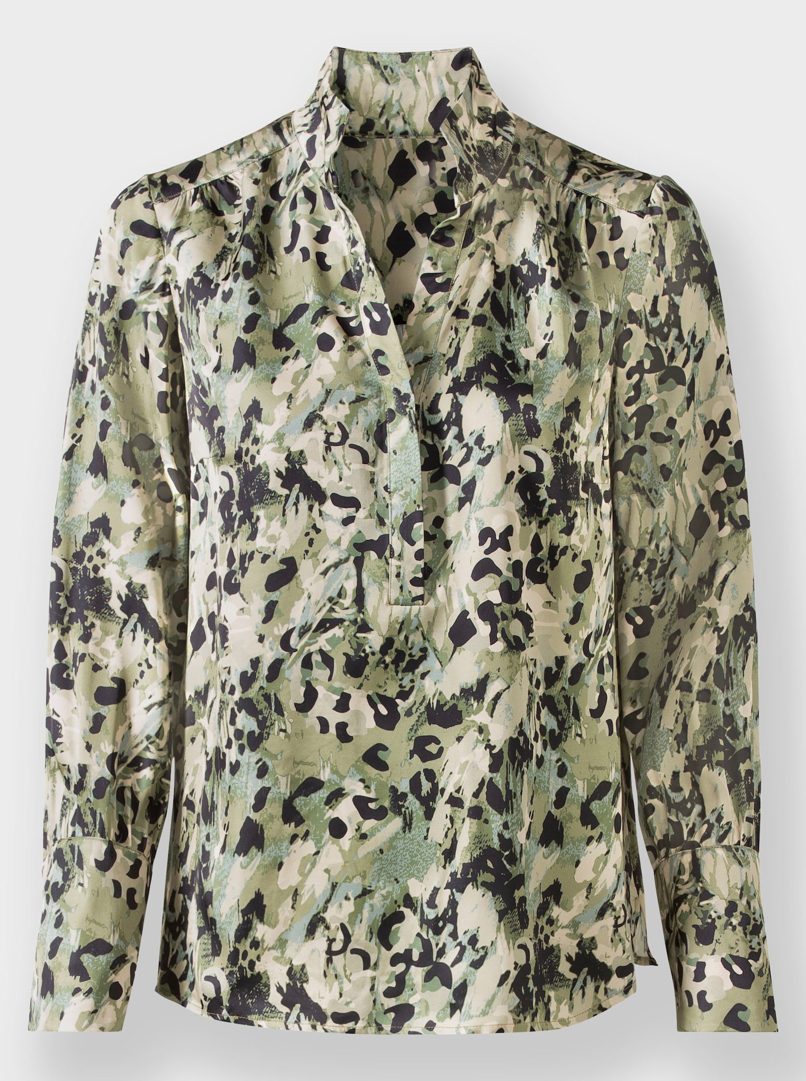 heine Satinbluse mit Seitenschlitzen - khaki-schlamm-bedruckt