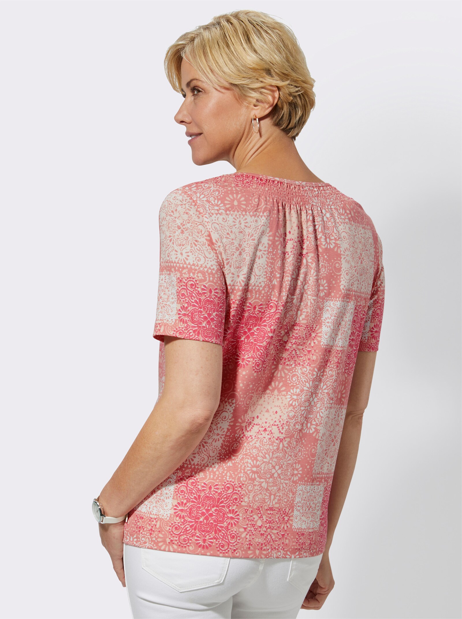 Rundhalsshirt mit Knopfleiste, kurz - hummer-bedruckt