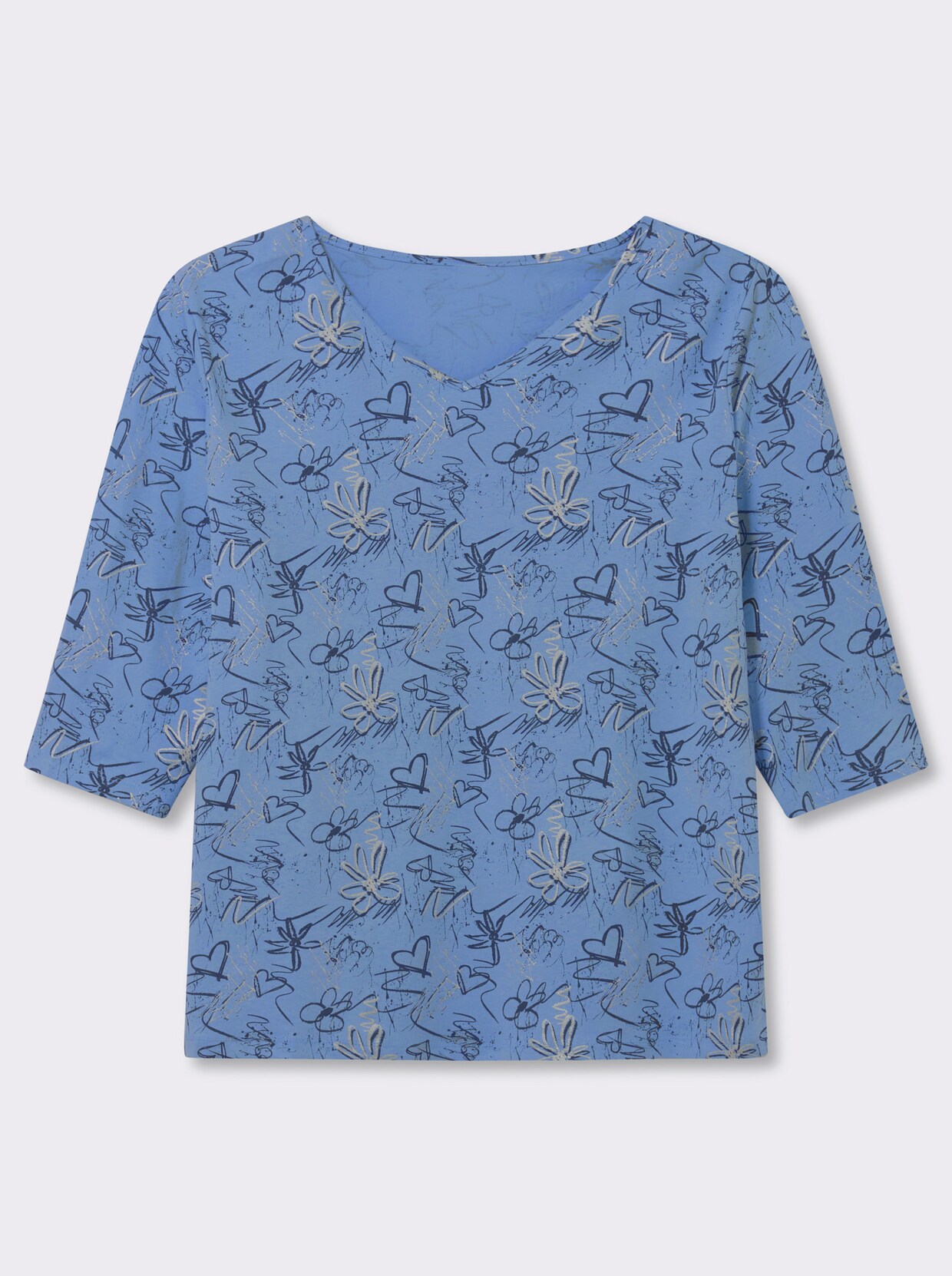 3/4-Arm-Shirt mit Herzen und Blüten verziert - bleu