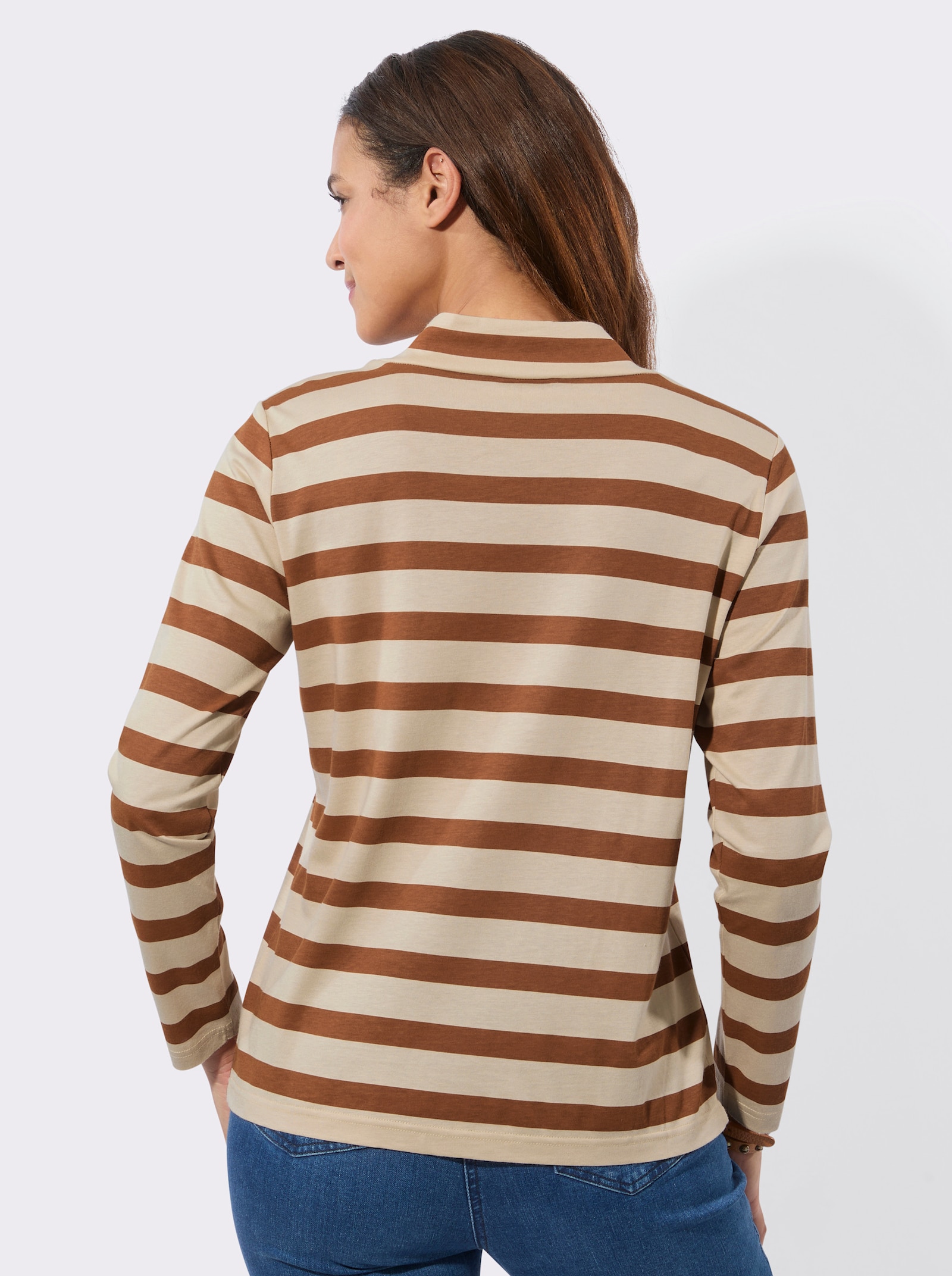 Stehkragenshirt - cognac-sand-geringelt