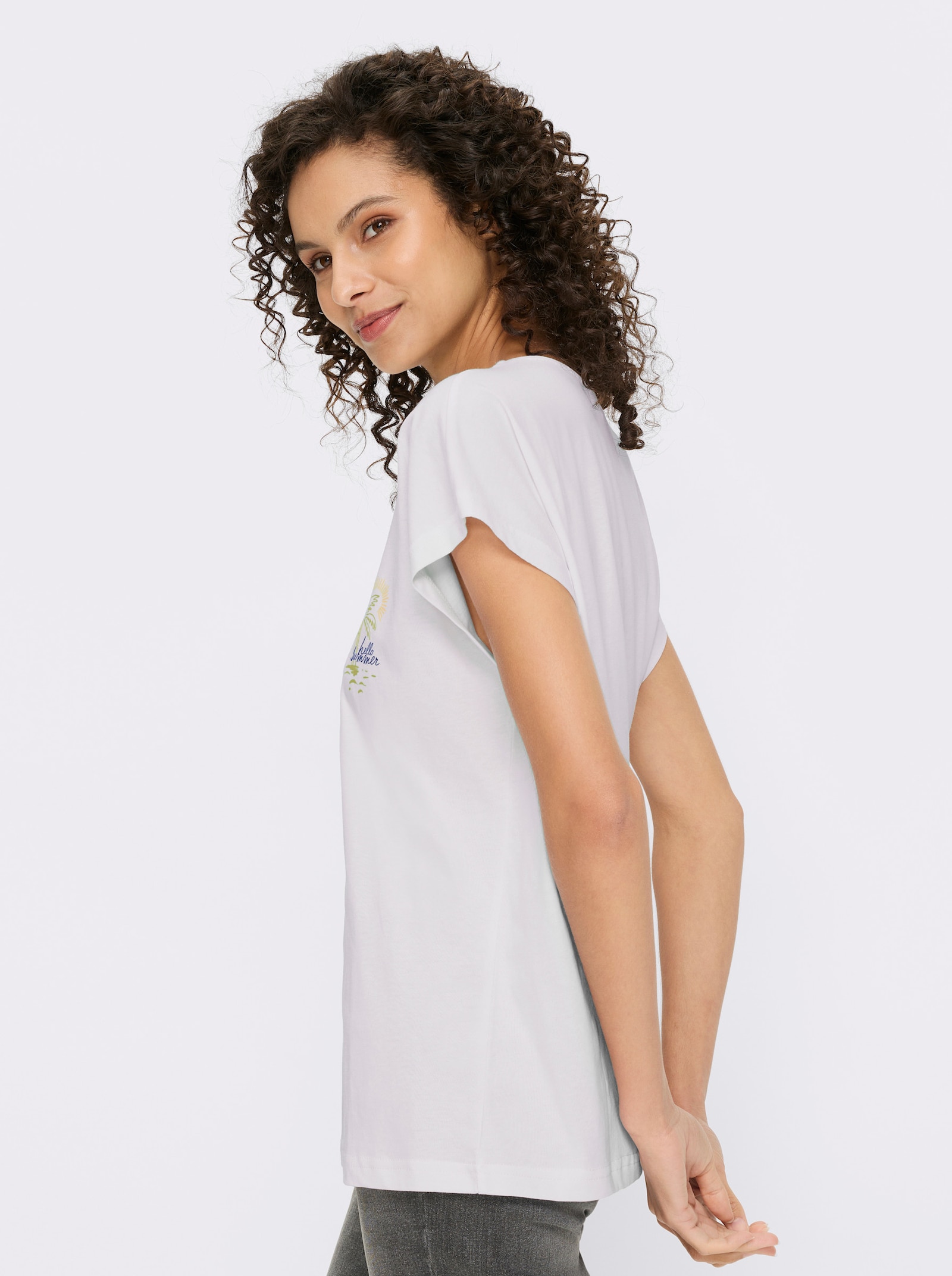 heine Kurzarmshirt mit Palmendruck - weiß-jeansblau-bedruckt