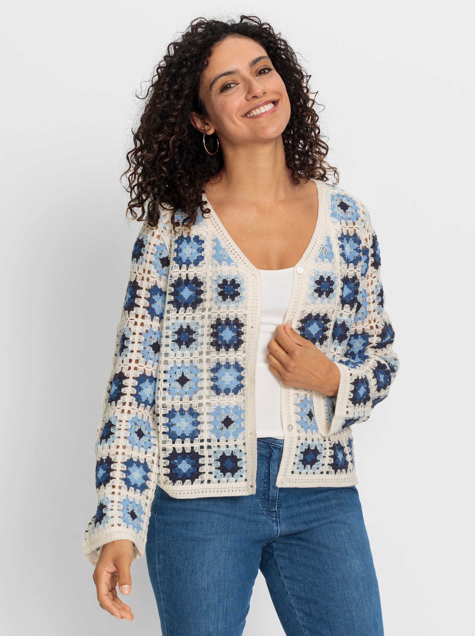 Strickjacke in Häkel-Optik - ecru-jeansblau