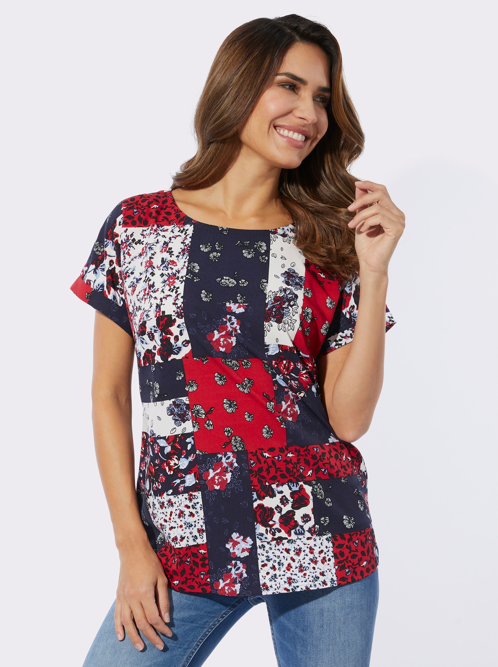 Schlupfbluse in pflegeleichter Qualität - marine-erdbeere-bedruckt