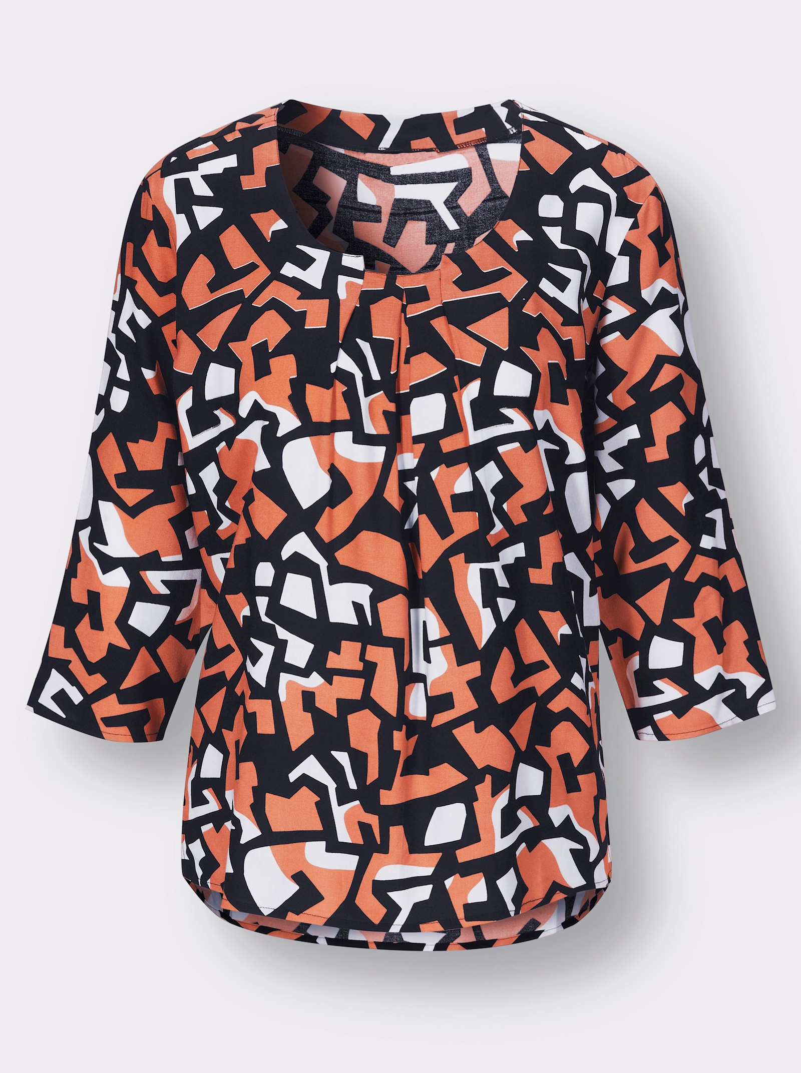 Druckbluse mit Falten am Ausschnitt - papaya-schwarz-bedruckt