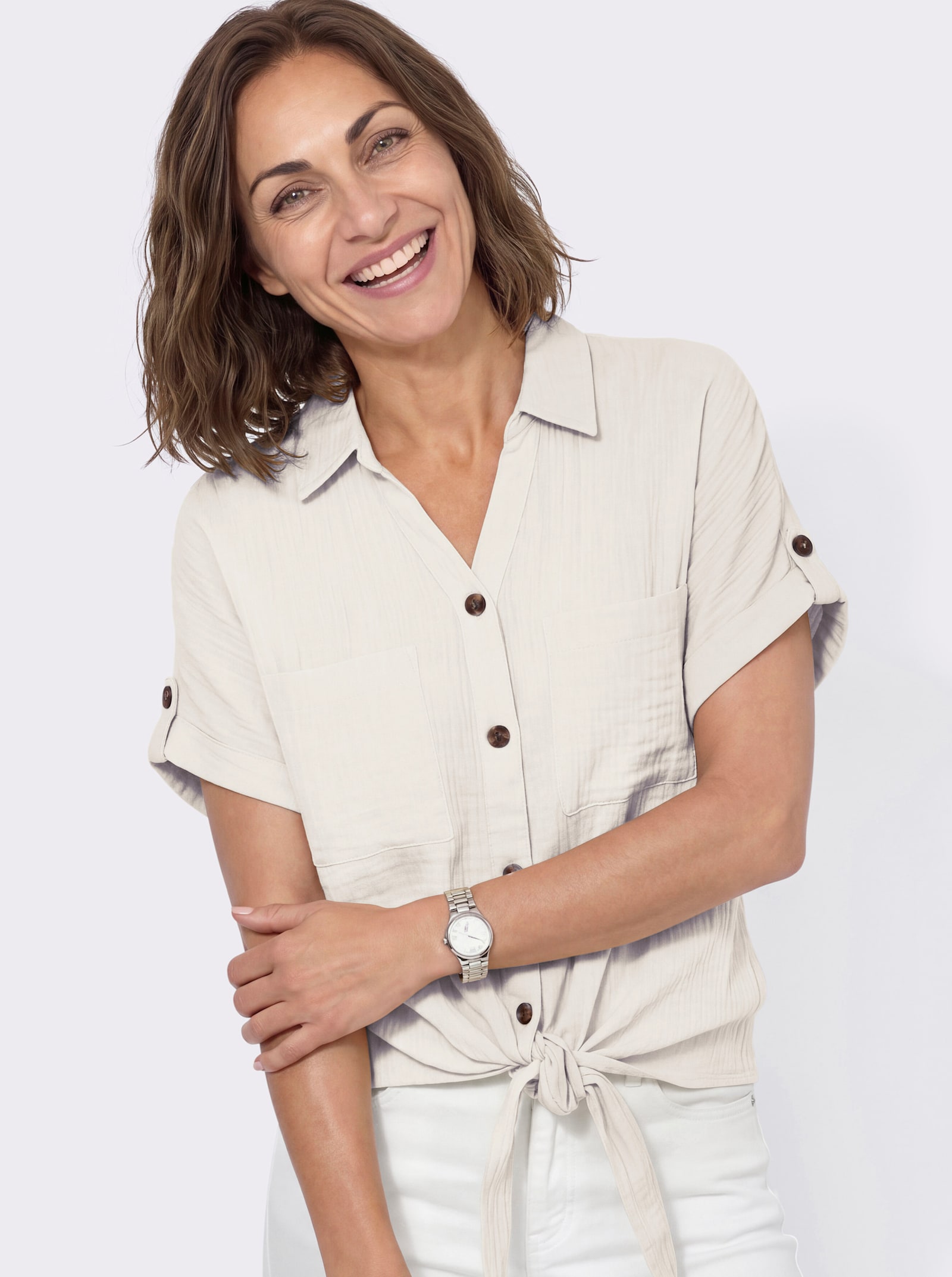 Baumwollbluse mit zipfligem Saum zum Knoten - ecru
