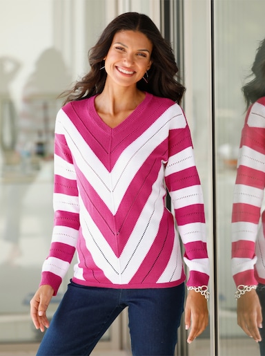 V-Ausschnitt-Pullover - fuchsia-gemustert