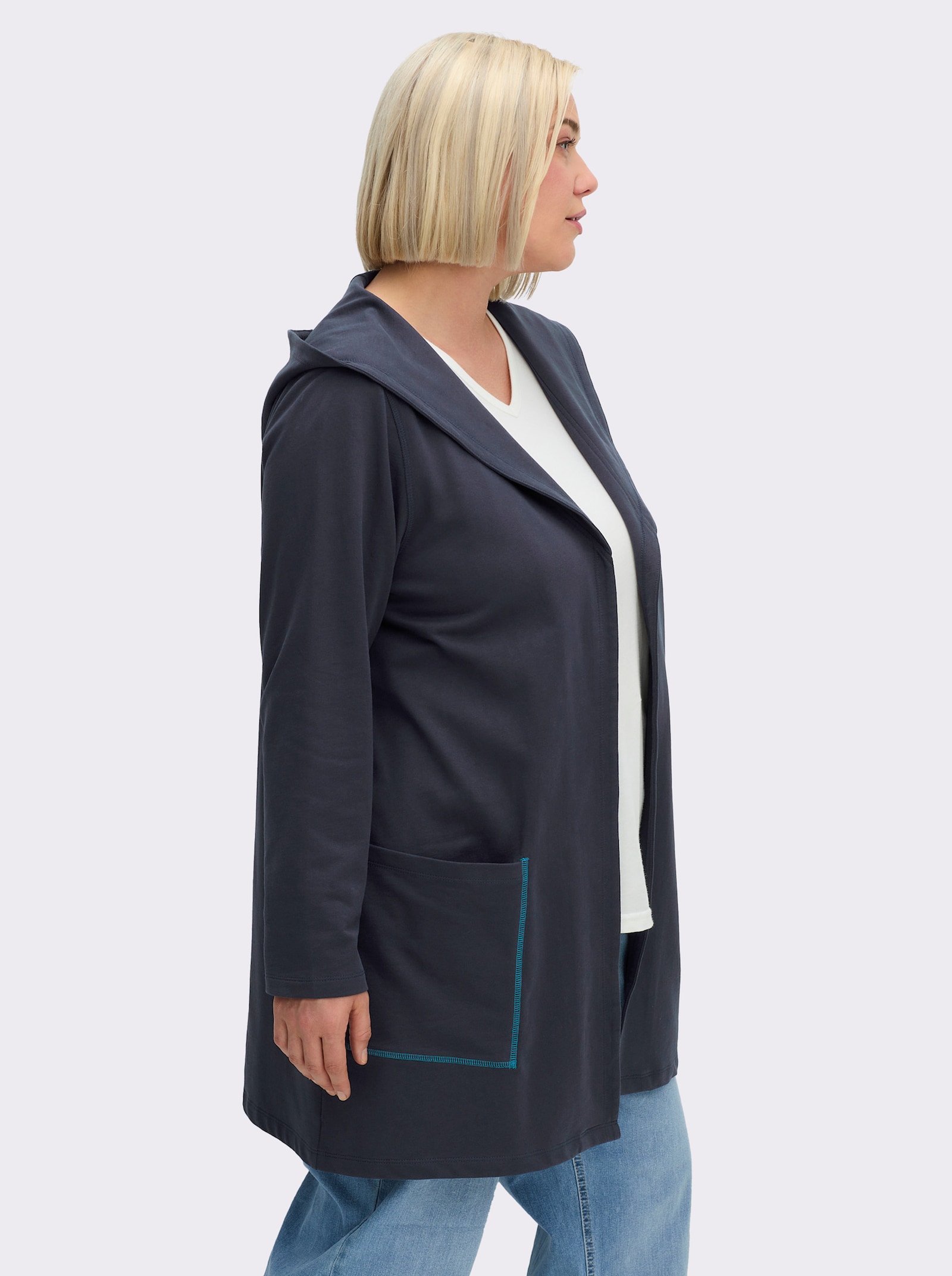 sheego Sweatjacke mit Kapuze, verschlusslos - tiefblau