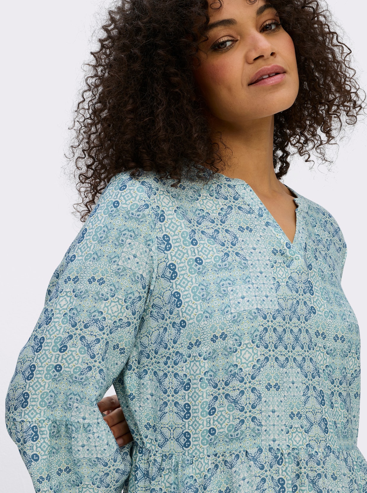 sheego A-Linien-Kleid mit Stufenvolants - ecru-topas-bedruckt