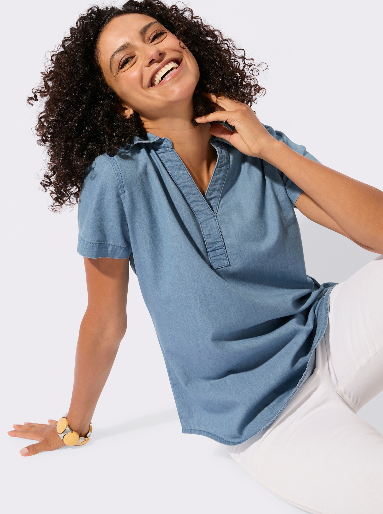 Jeanstunika mit abgerundetem Saum - blue-bleached