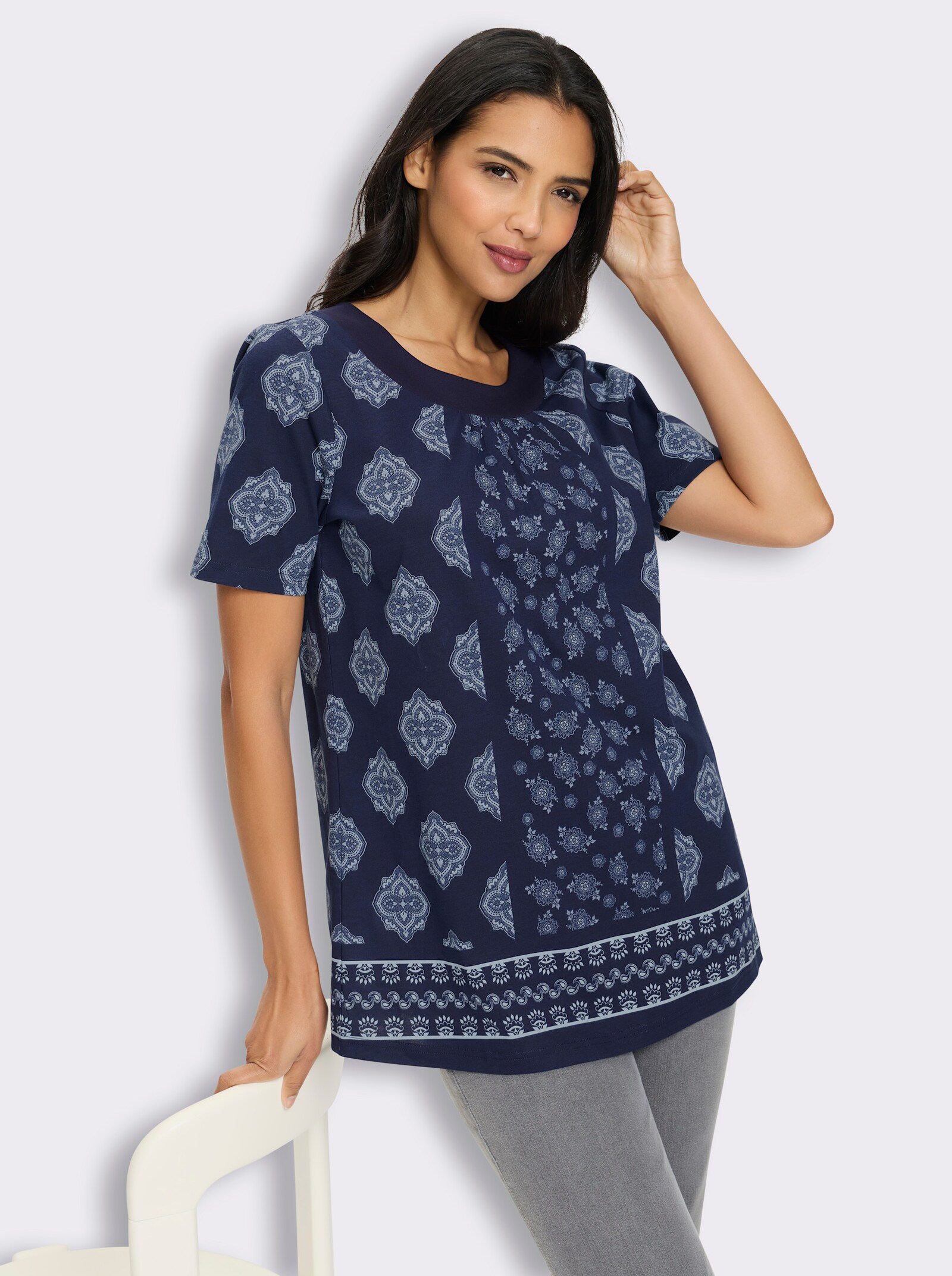 Longshirt mit gekräuseltem Rundhals-Ausschnitt - marine-hellblau-bedruckt