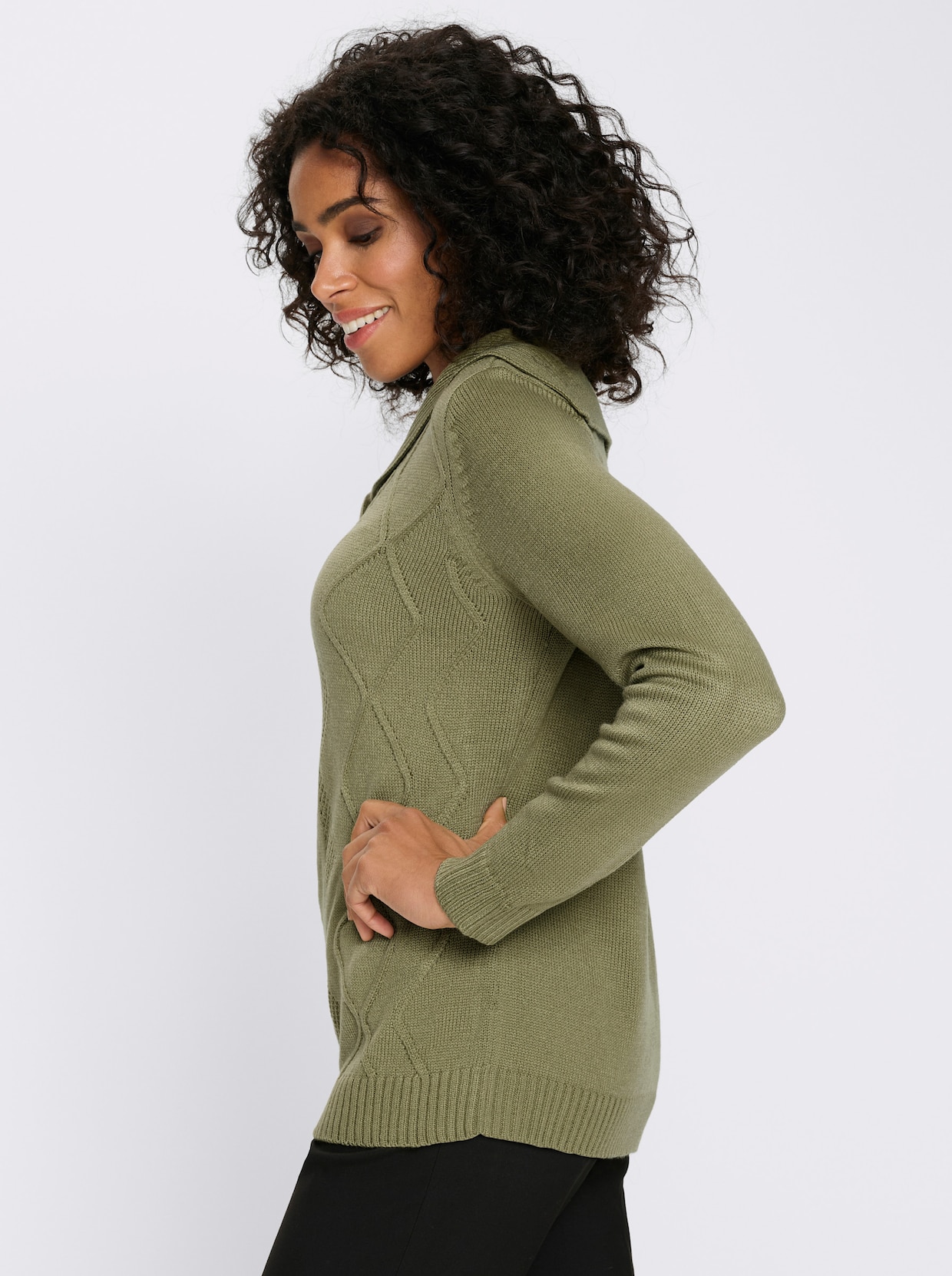 Langarm-Pullover mit Umlegekragen - schilf