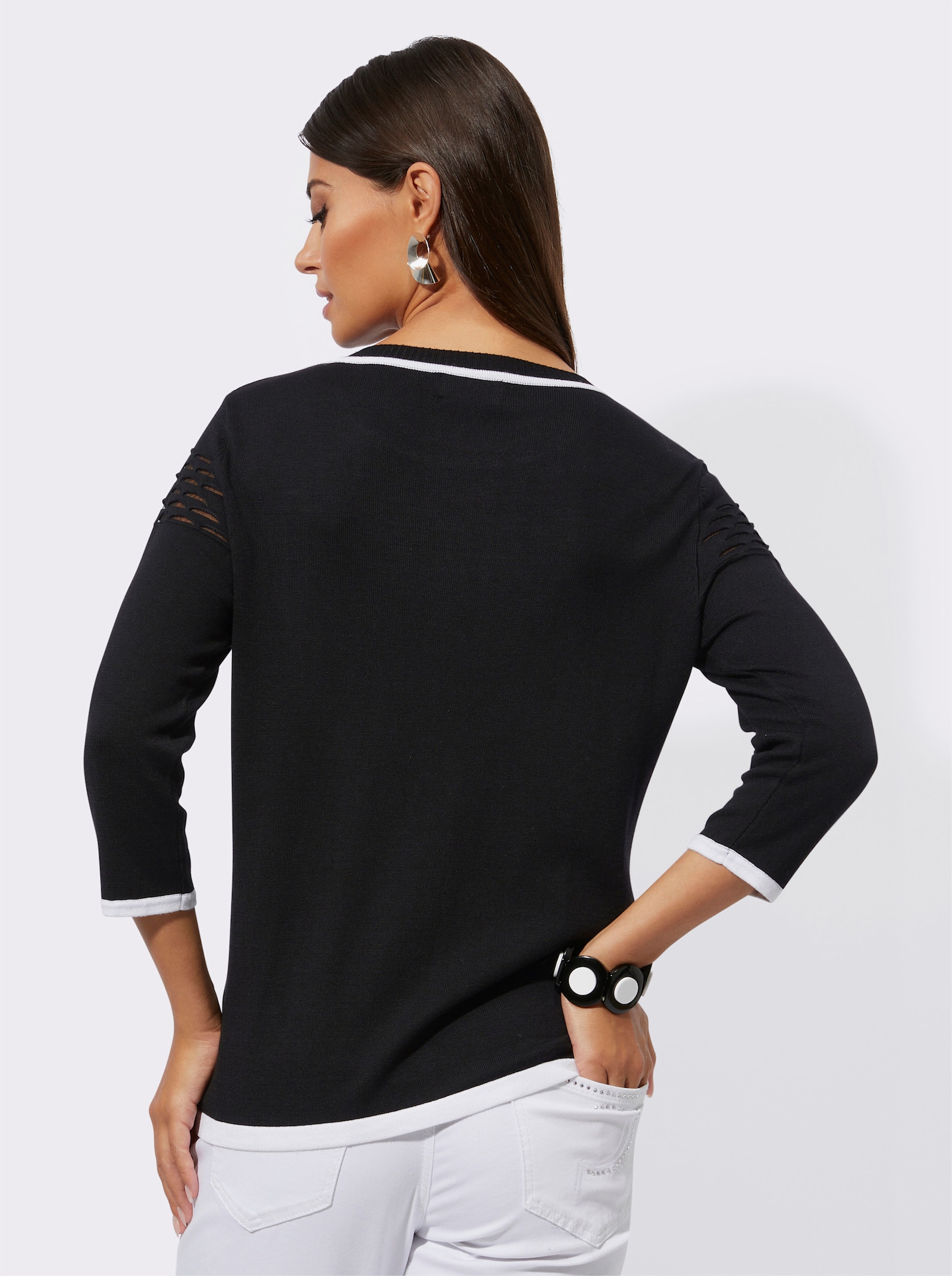 Feinstrickpullover mit transparenten Partien - schwarz