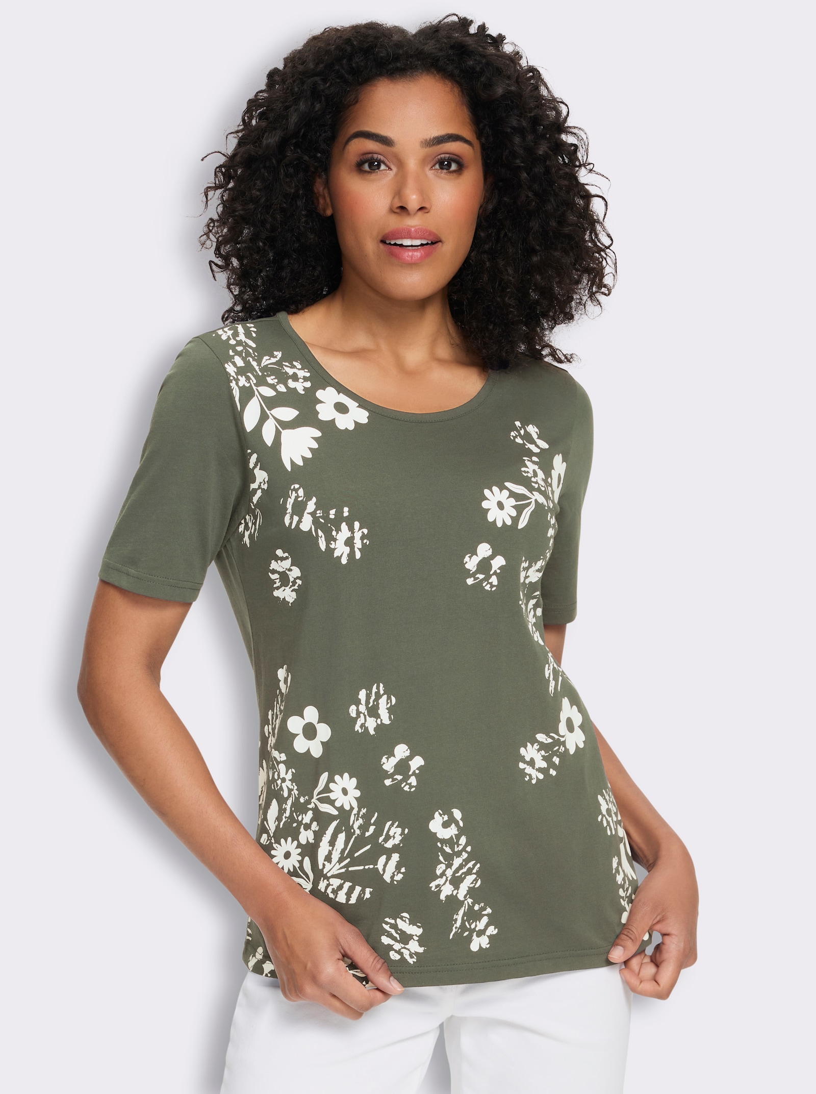 Kurzarmshirt mit Blüten-Druck - khaki-weiß