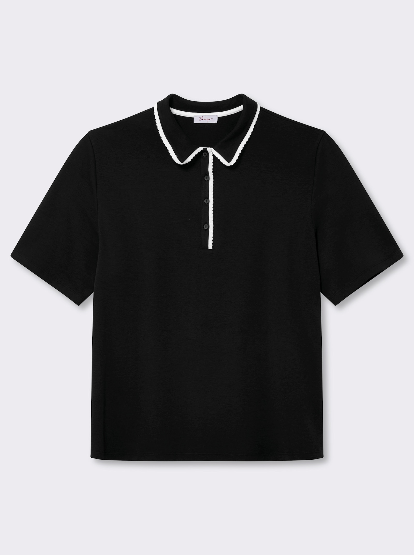 sheego Poloshirt met contrastkleurige golvende rand - zwart/ecru
