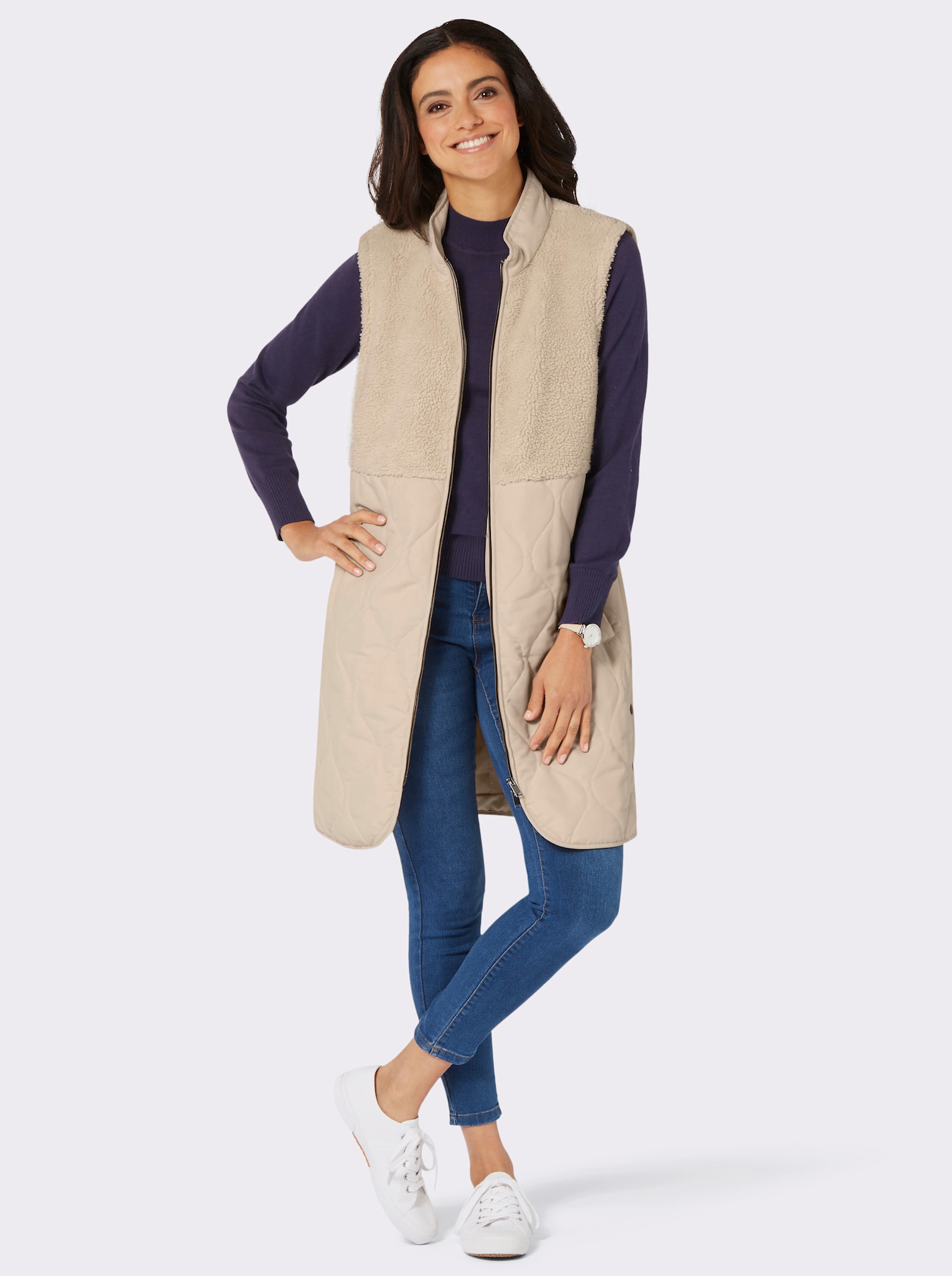 Lang vest met teddyfleece en watté - zand