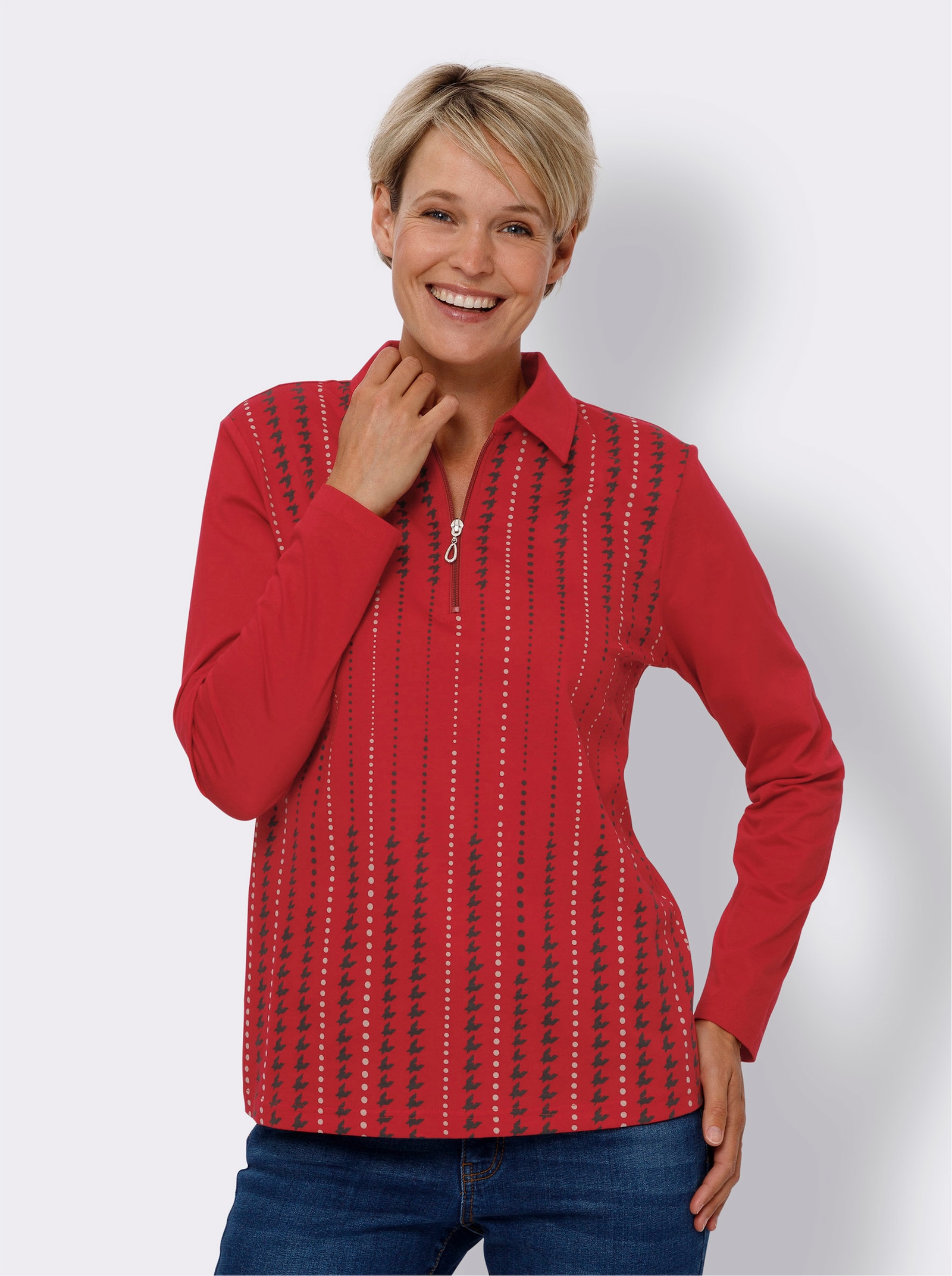 Långärmad pikétröja med kort dragkedja - röd-grafit-med tryck