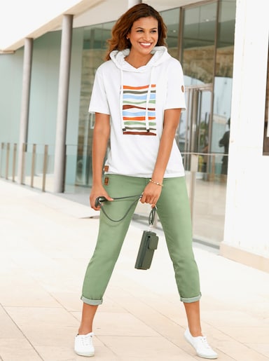 Kapuzensweatshirt mit elastischem Saum - ecru-eucalyptus-bedruckt