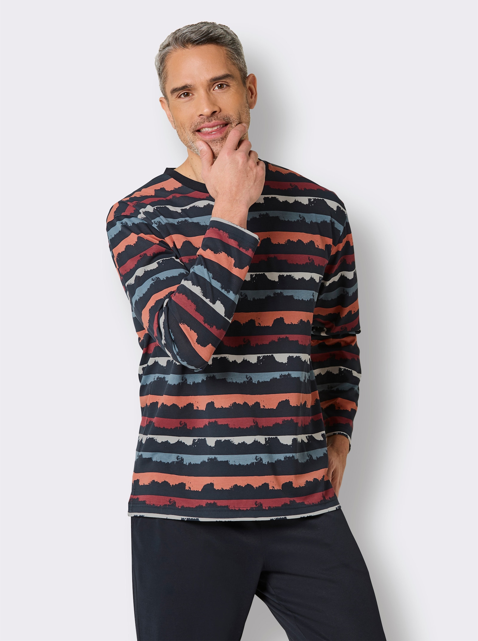 Hajo Schlafanzug mit Klimafasern - marine-papaya-bedruckt