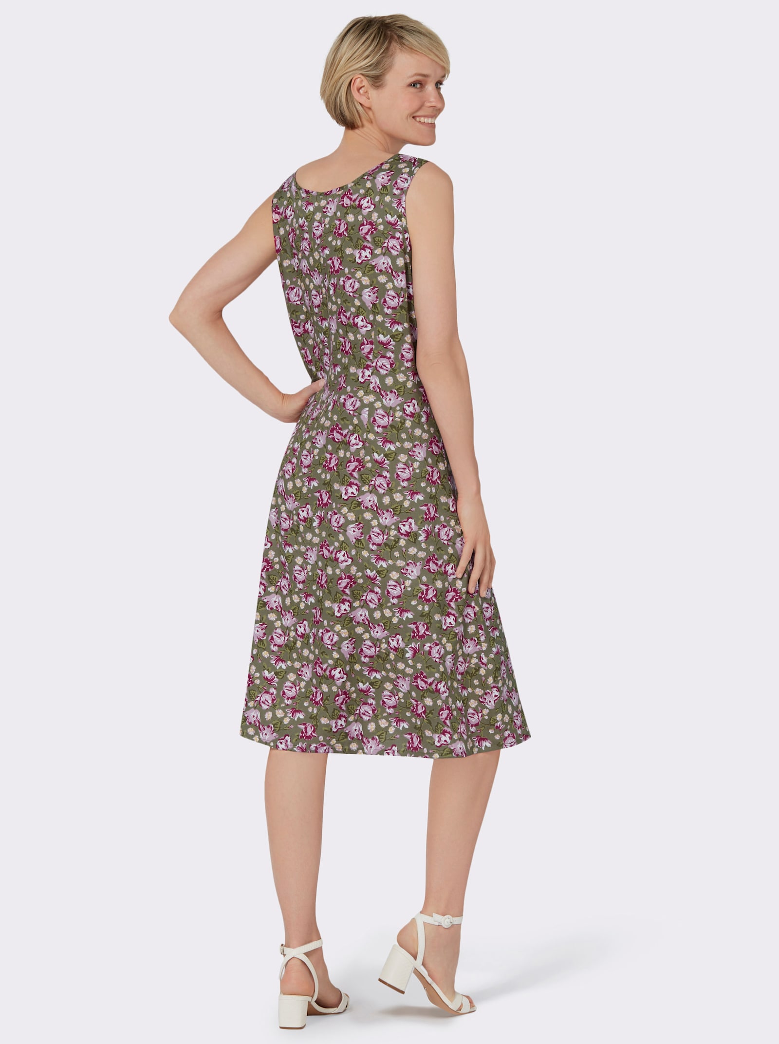 Blumenkleid ohne Ärmel - khaki-mauve-bedruckt
