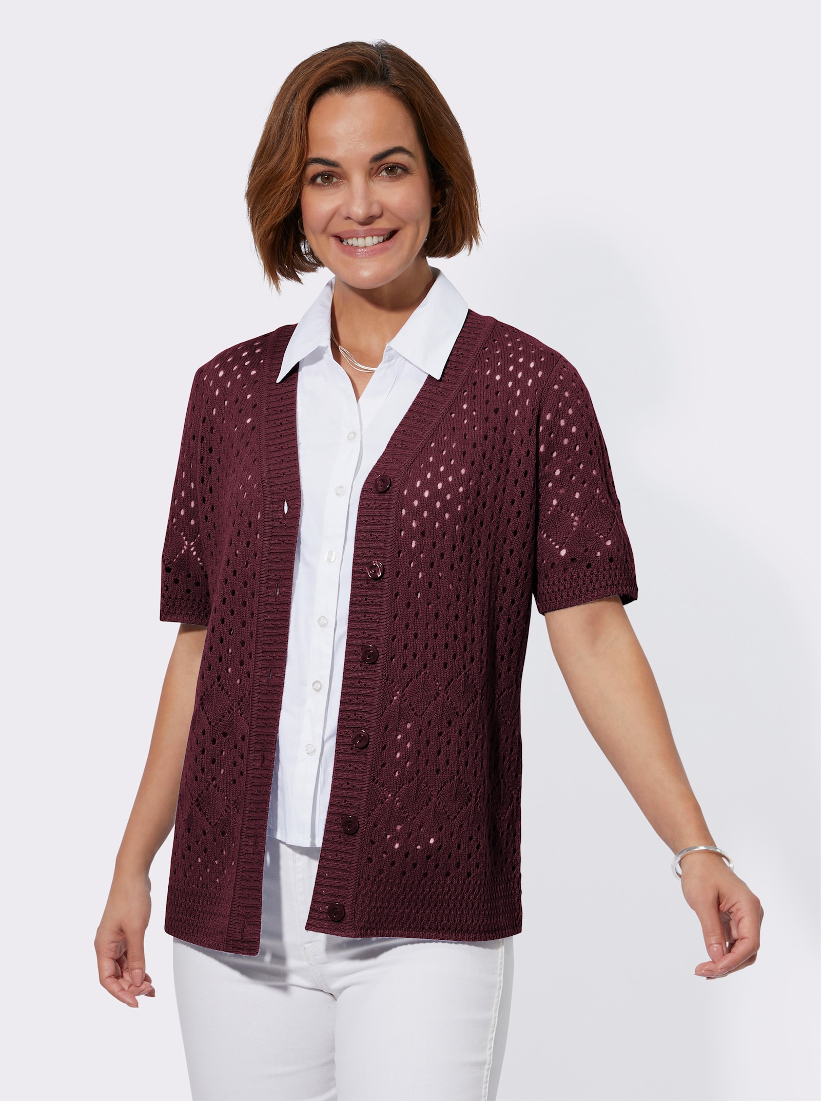 Ajourstrickjacke in pflegeleichter Qualität - burgund