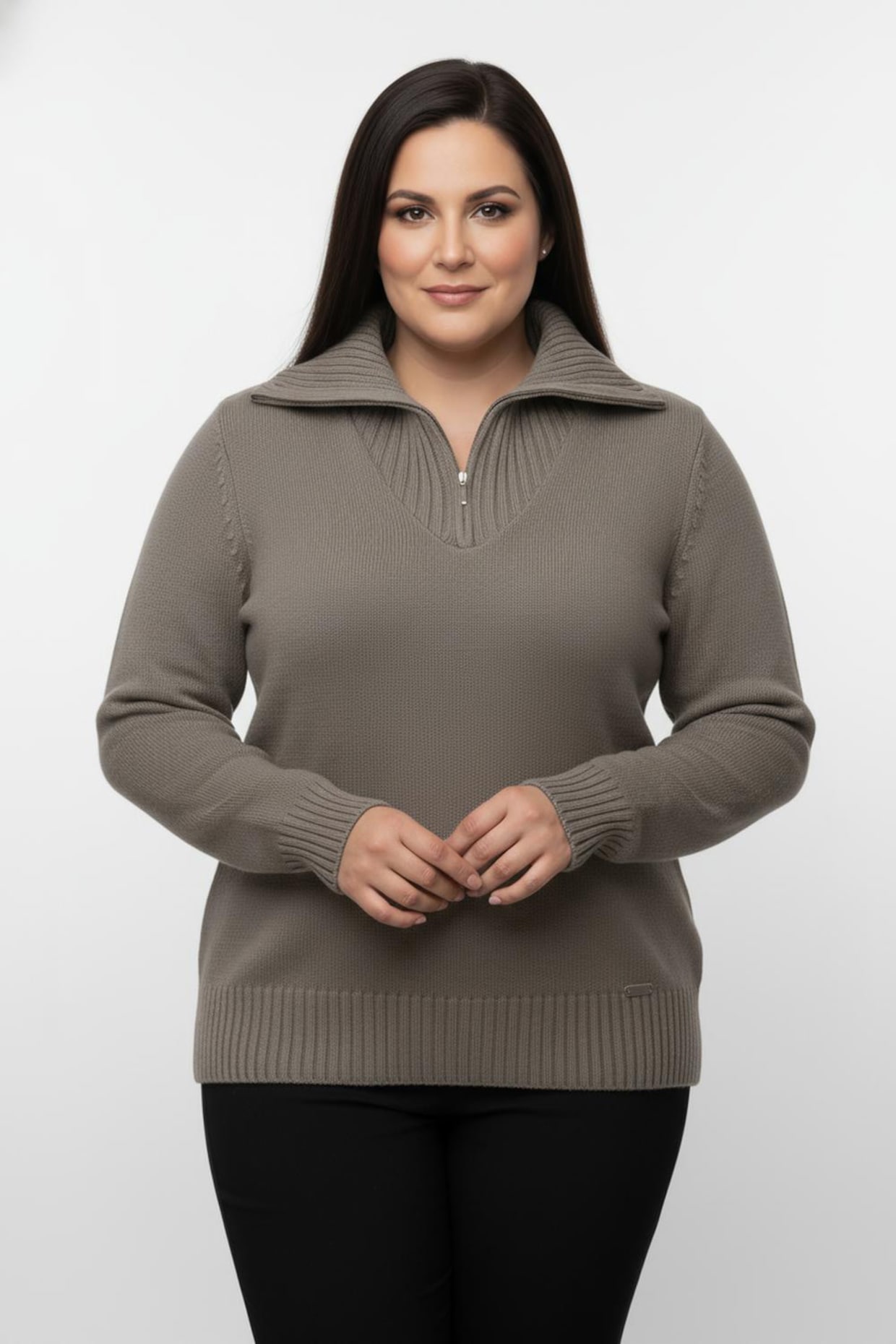 Troyer mit breiten Rippabschlüssen - taupe-meliert