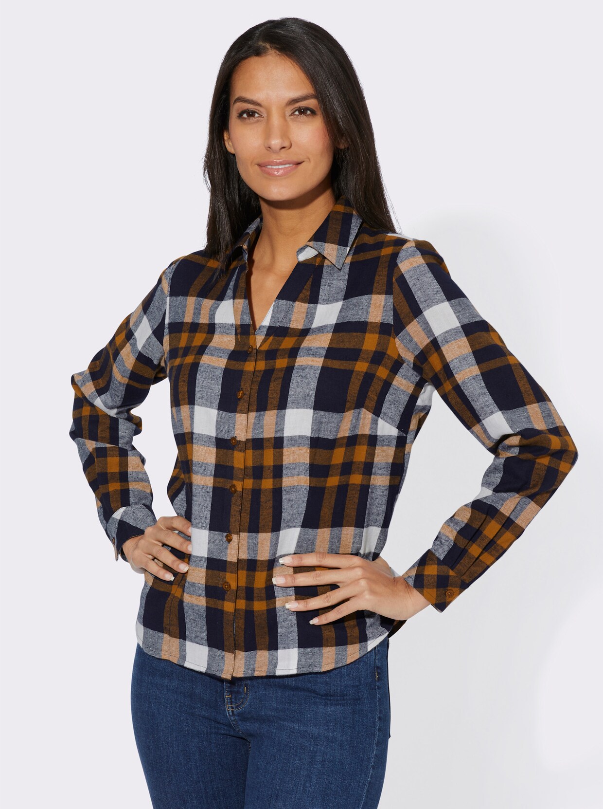 Flanellbluse - cognac-marine-kariert