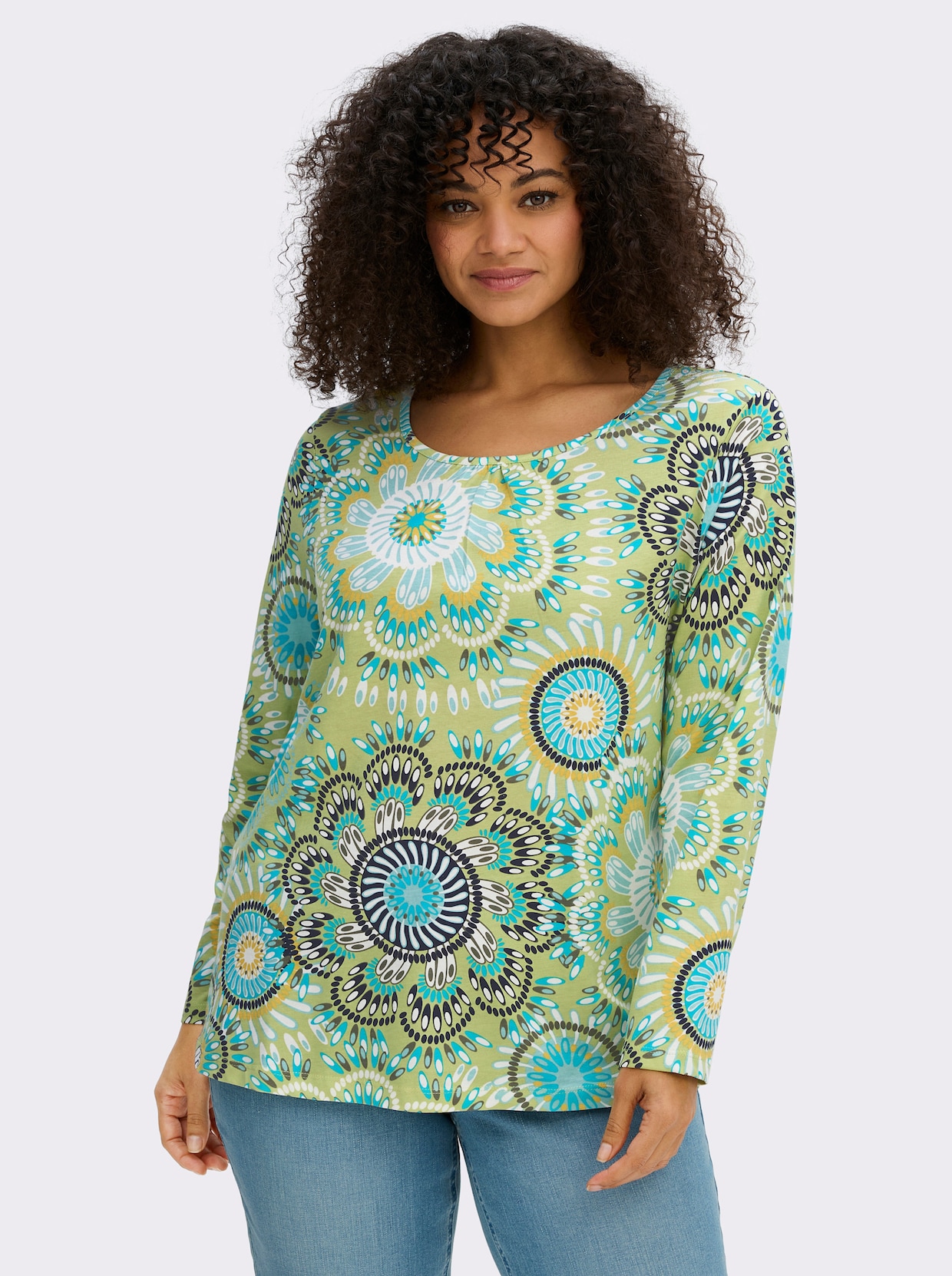 Rundhalsshirt aus reiner Baumwolle - pistazie-türkis-bedruckt