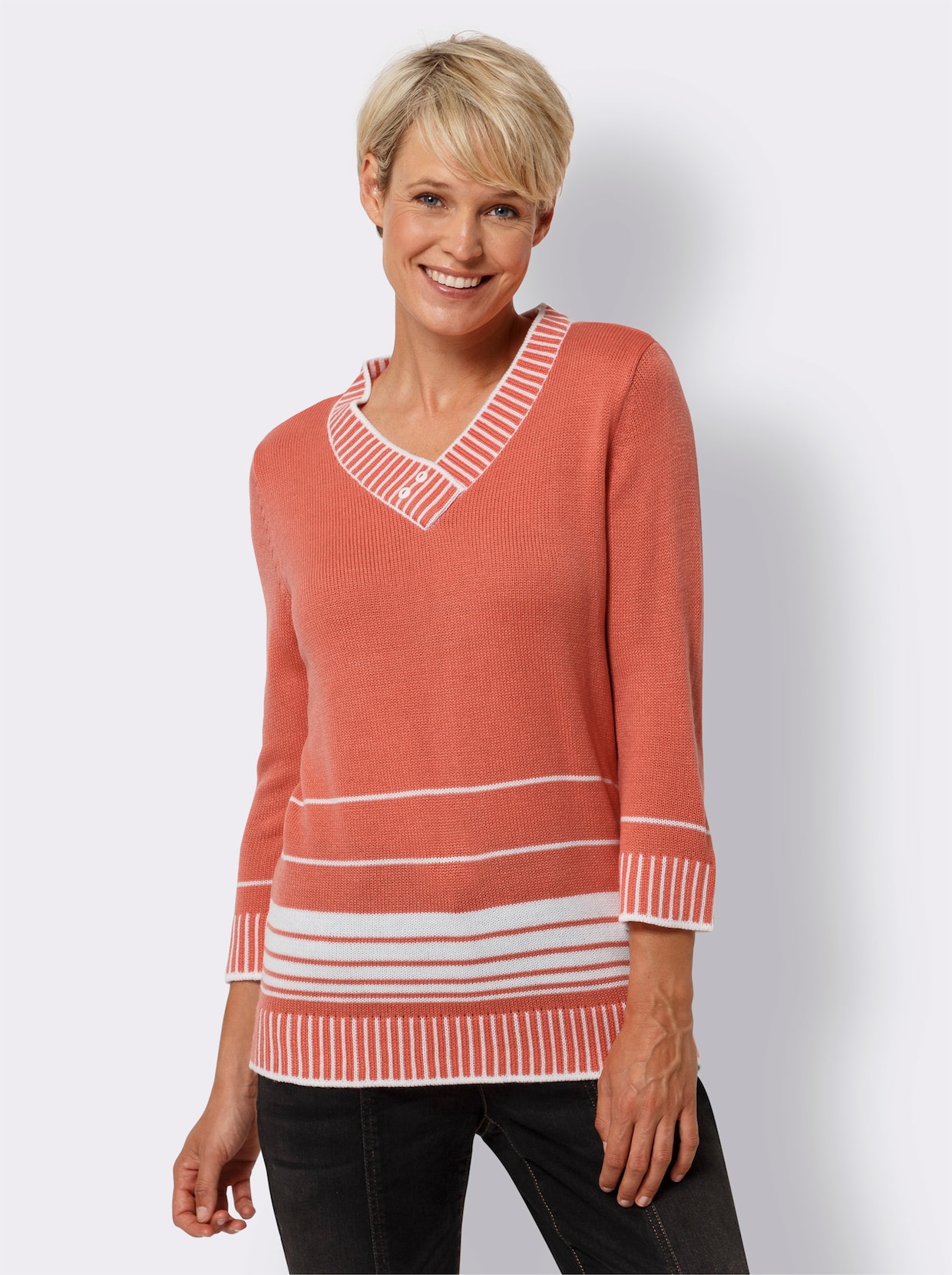 Pullover met V-hals - koraal/wit