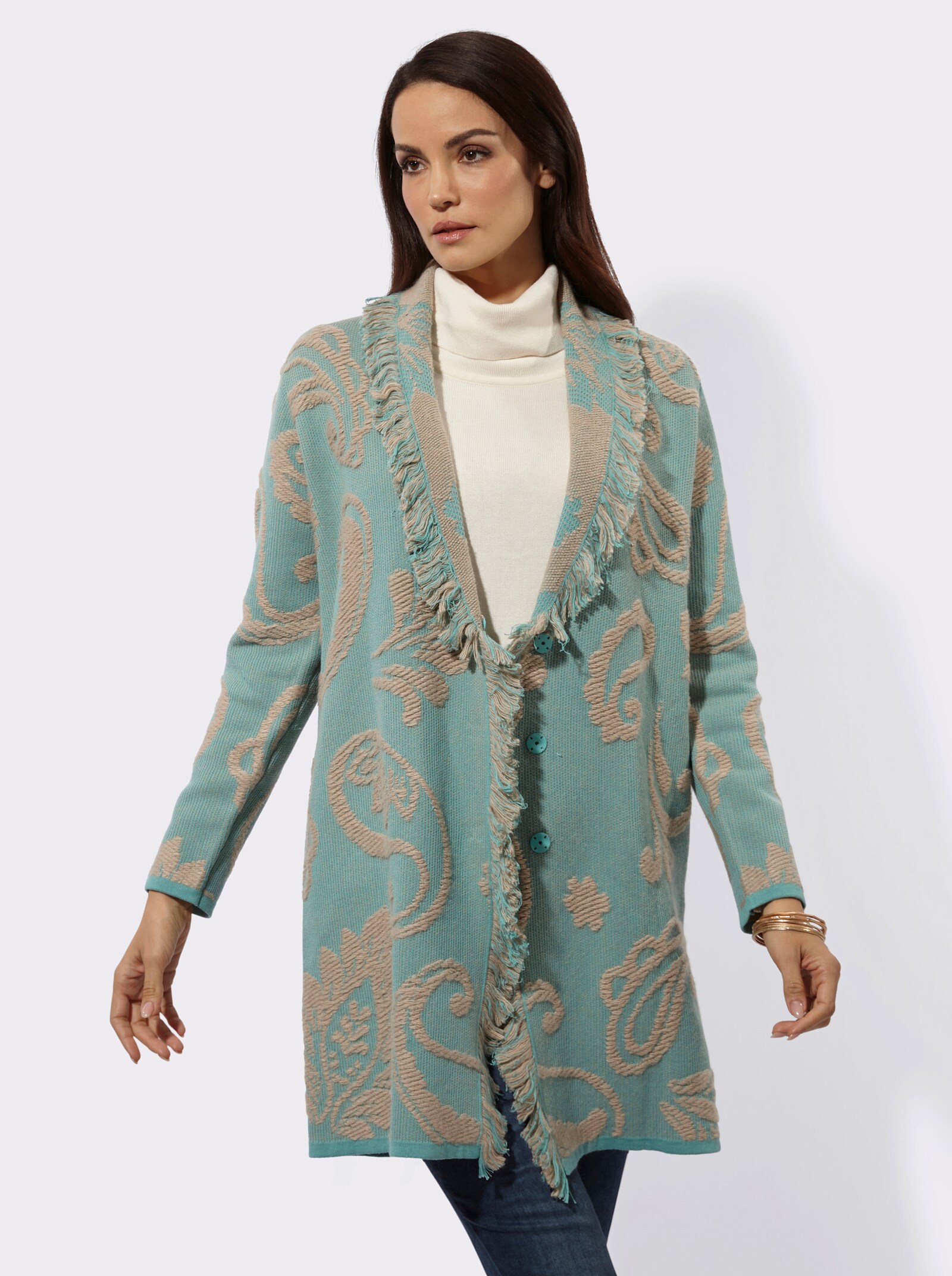 Cardigan mit zweifarbigen Fransen - salbei-beige-gemustert