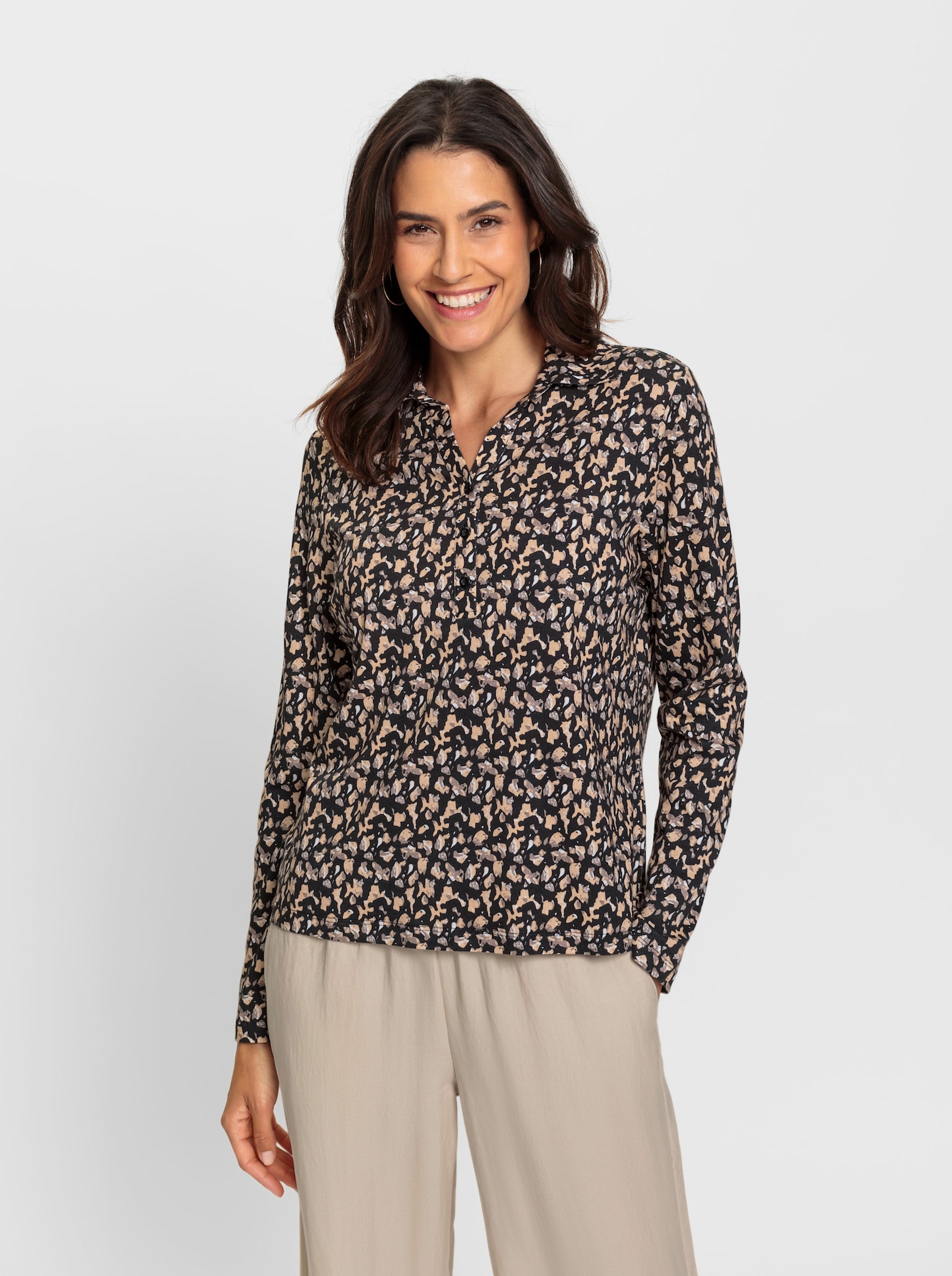 Shirt met print en 50% modal - zwart/taupe geprint