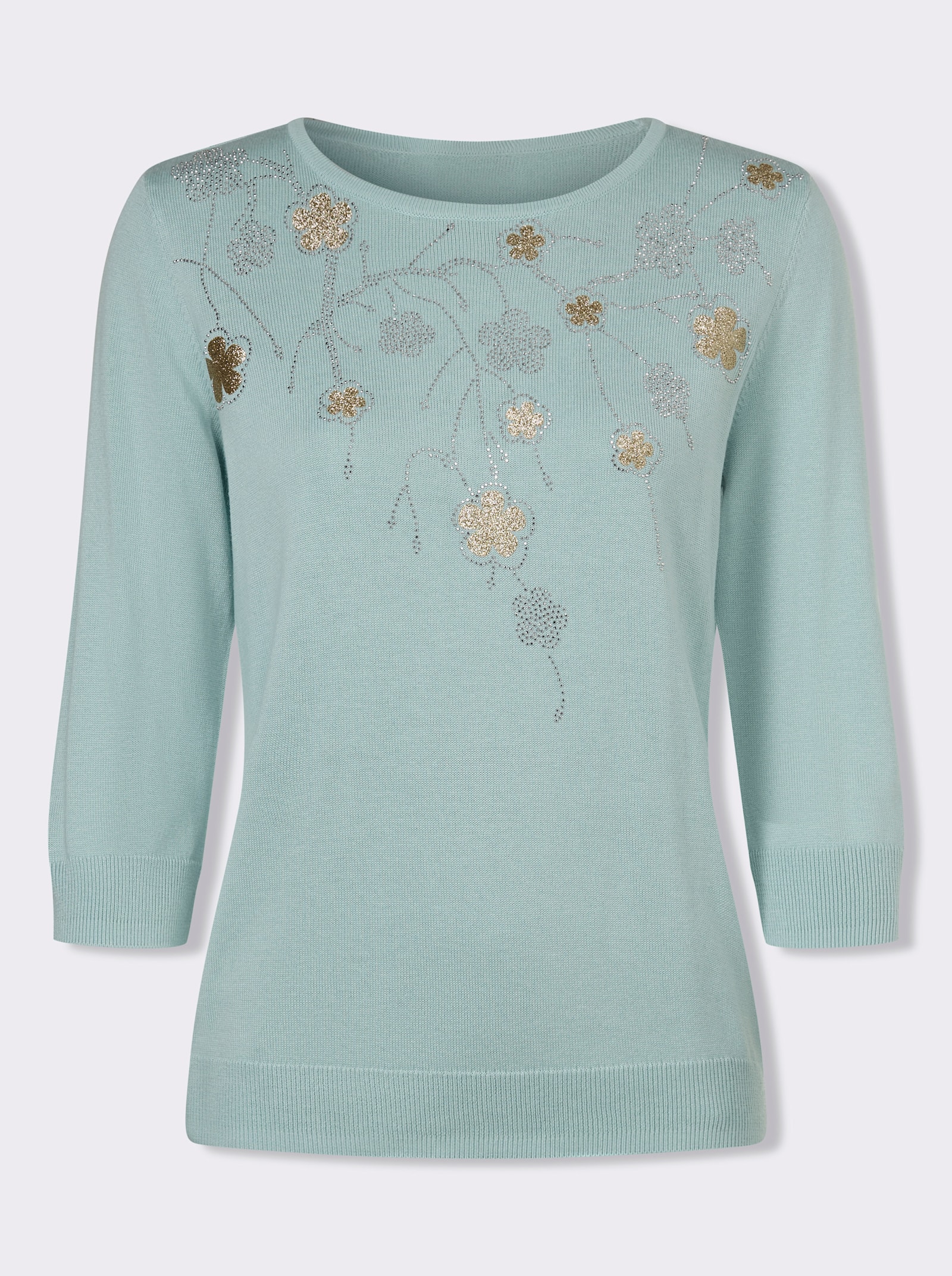 Rundhalspullover mit Blütenranken-Stickerei - mint