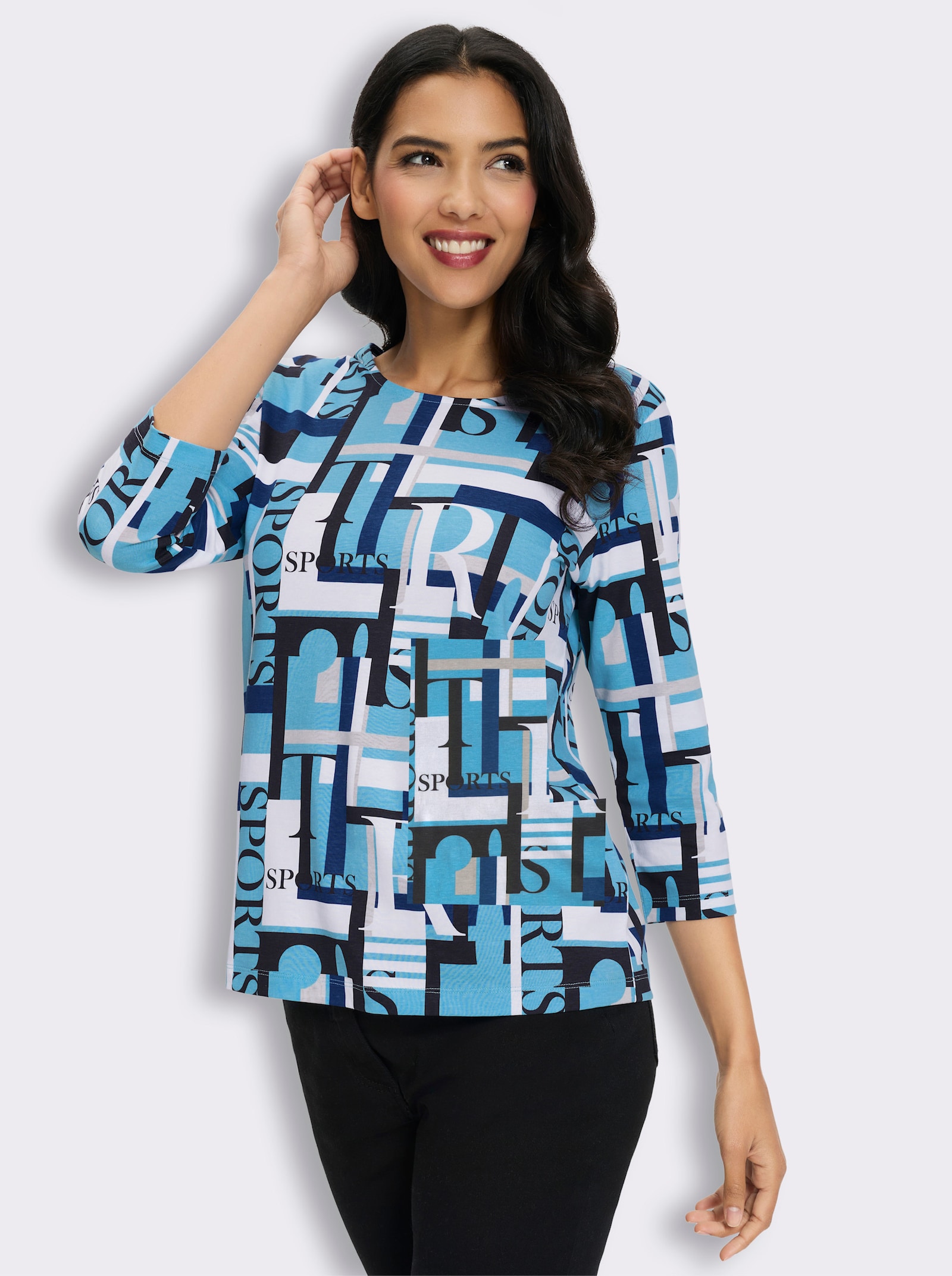 3/4-Arm-Shirt mit grafischem Druck - schwarz-aqua-bedruckt