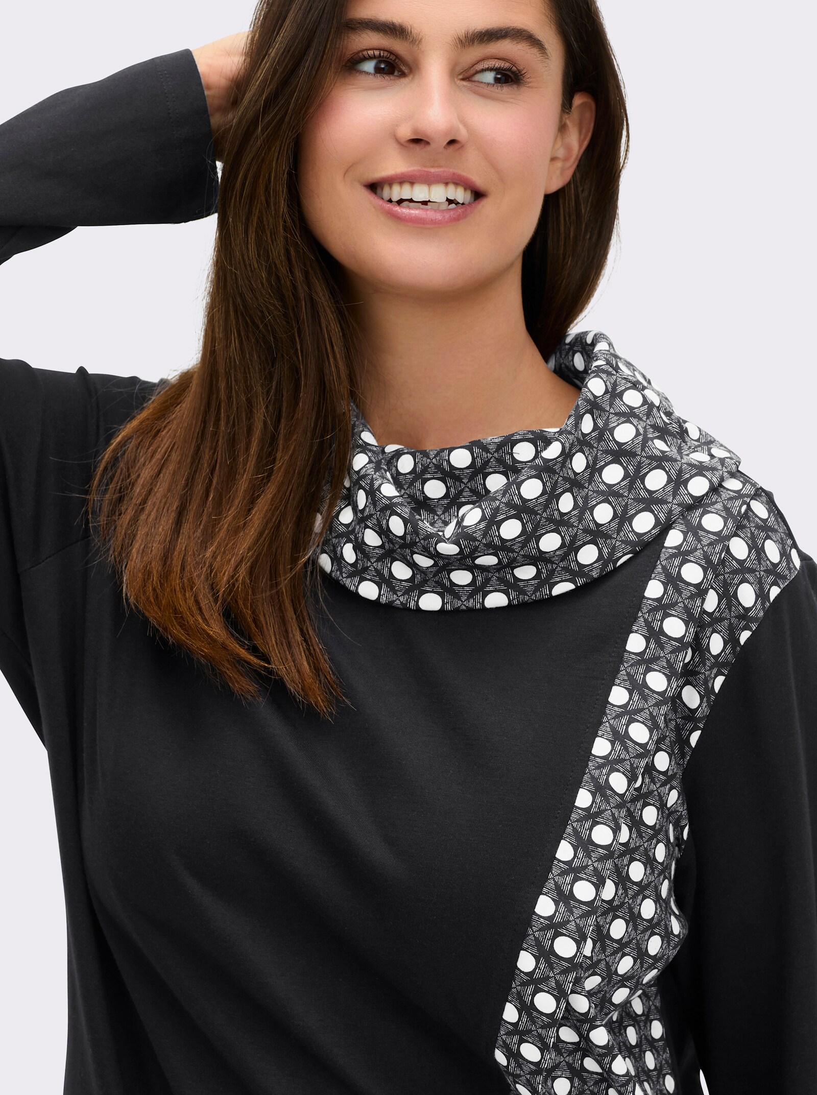 Rollkragenshirt mit Lagen-Optik - schwarz-ecru-bedruckt