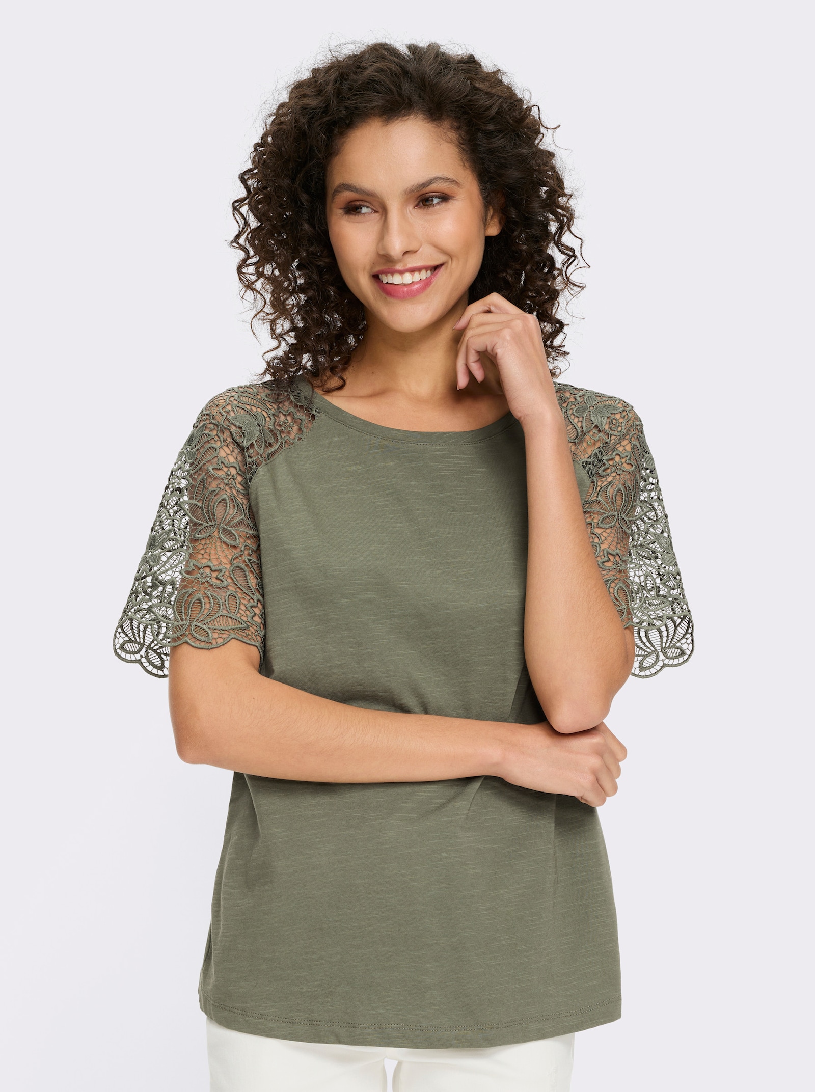 heine Rundhalsshirt mit Spitze - khaki