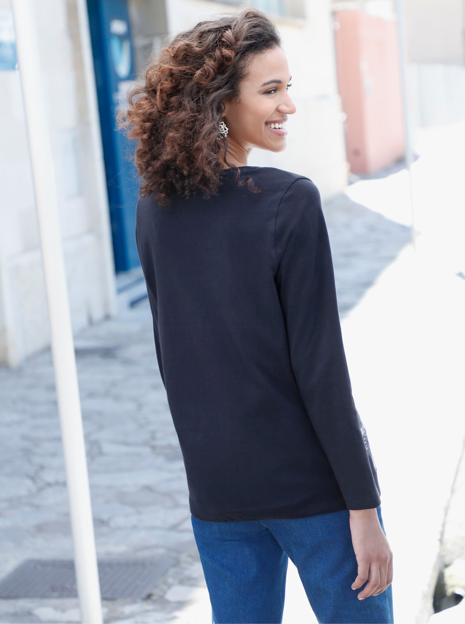 Rundhalsshirt im 2-in-1-Look - marine-weiß-bedruckt