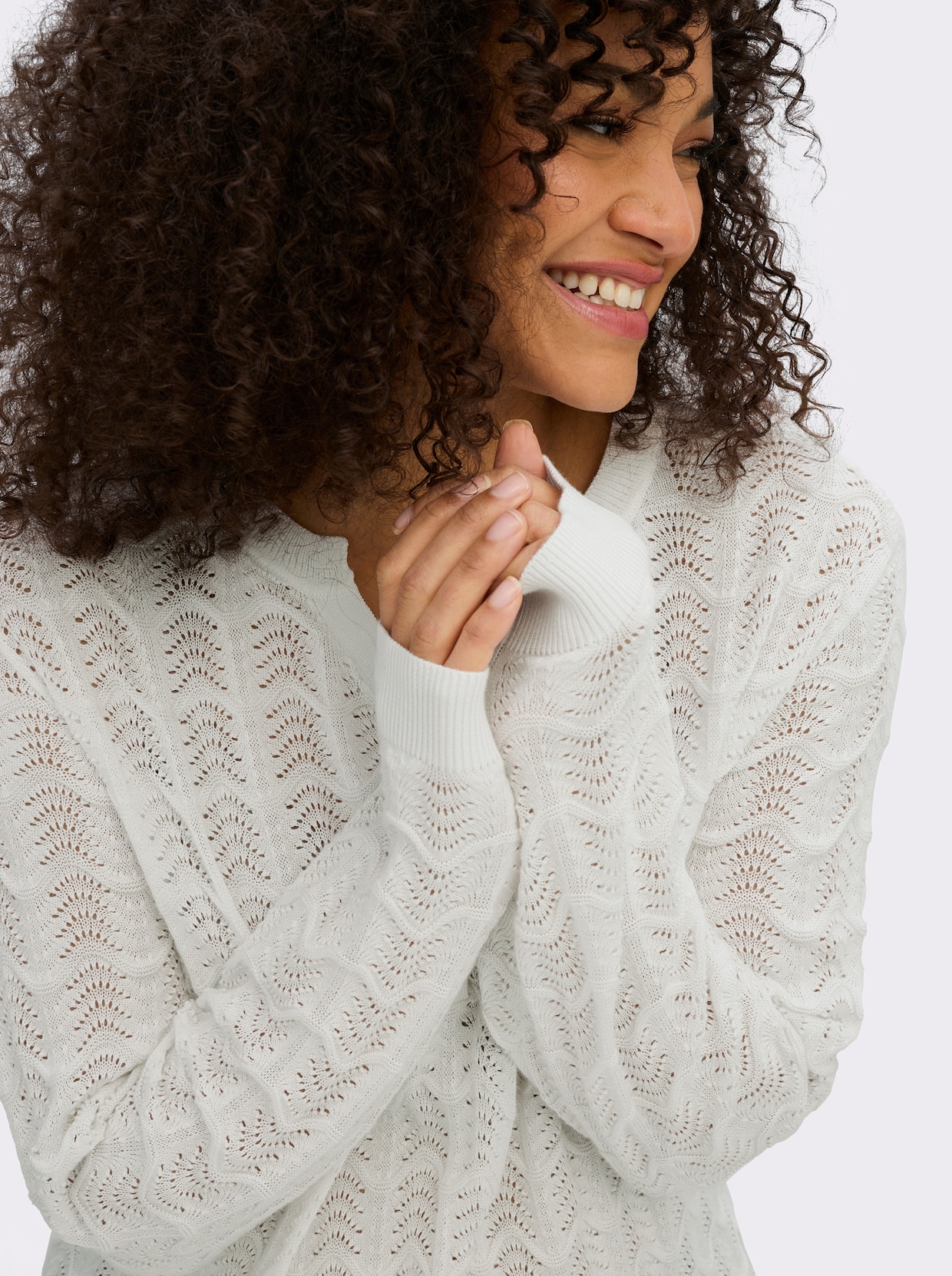 sheego Ajourpullover mit kurzer Knopfleiste - ecru