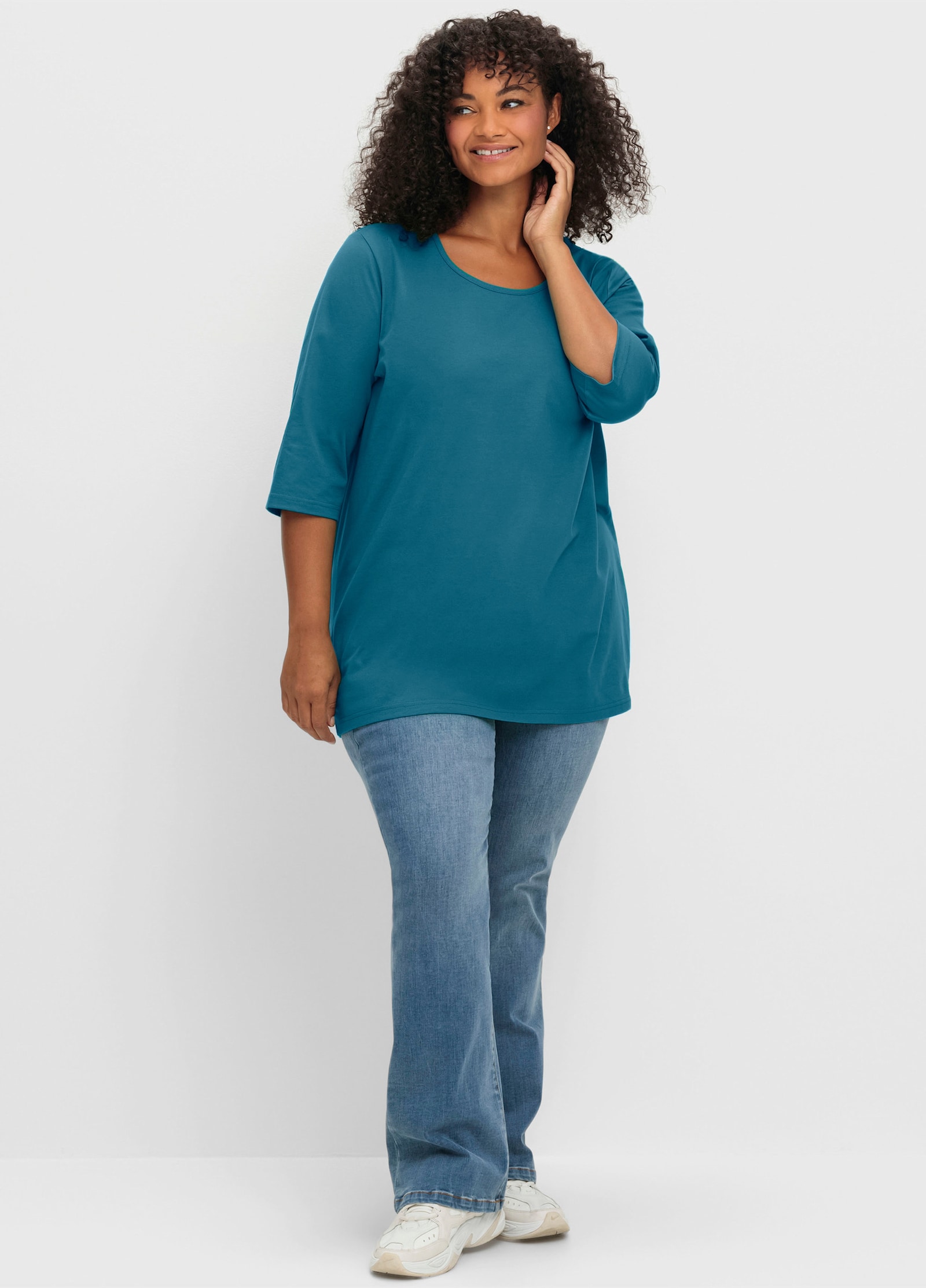 sheego Shirt met 3/4-mouwen en rechte, langere snit - topaas