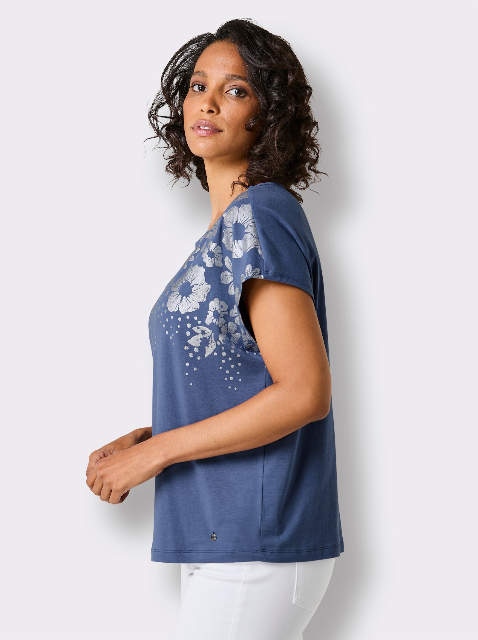 CREATION L PREMIUM Kurzarmshirt mit Foliendruck - rauchblau-bedruckt