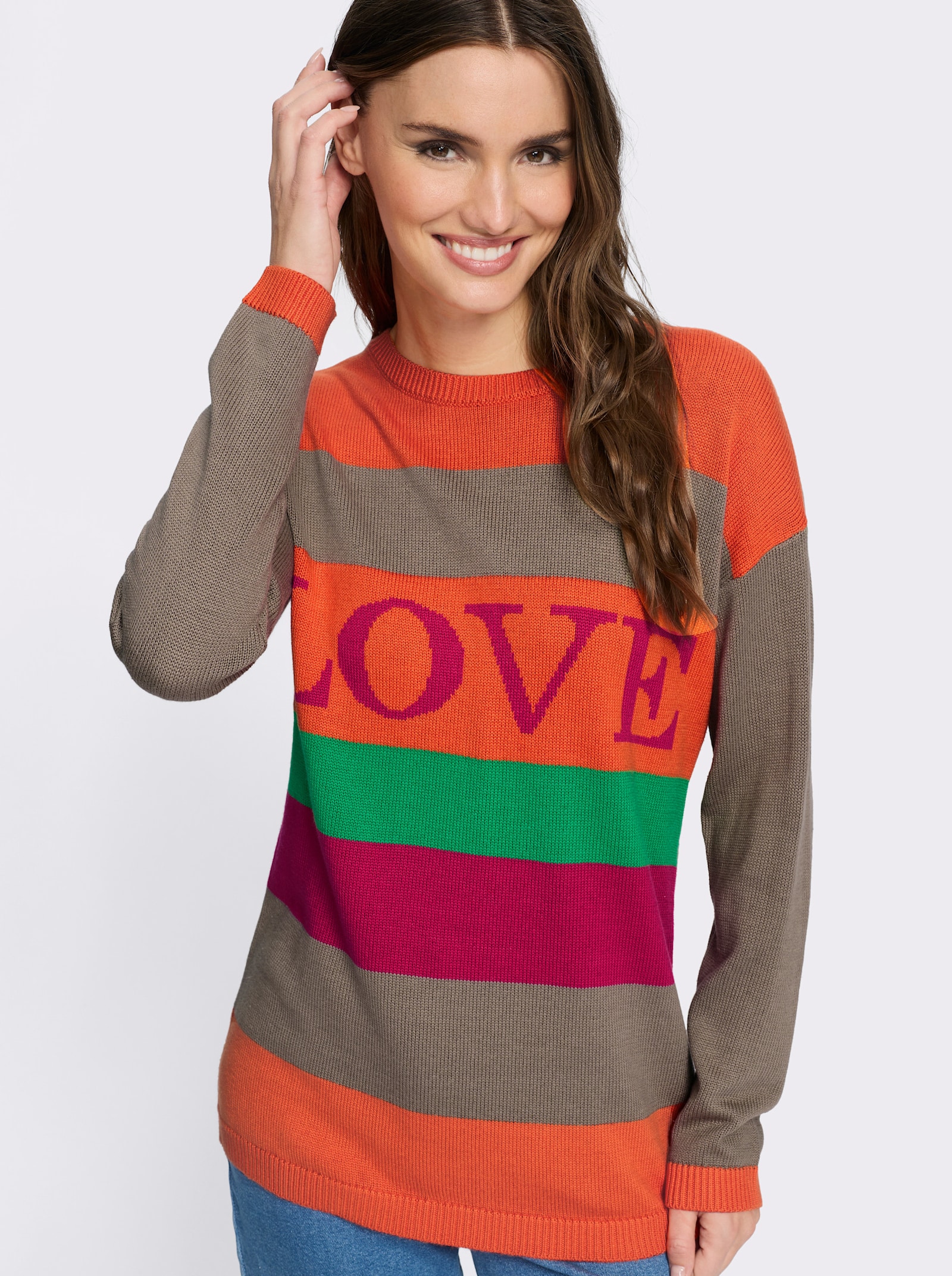 Longpullover mit Blockstreifen - taupe-orange-gestreift