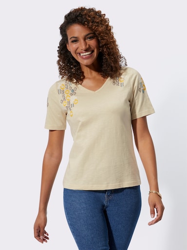 Kurzarmshirt mit Kreuzstich-Stickerei - sand