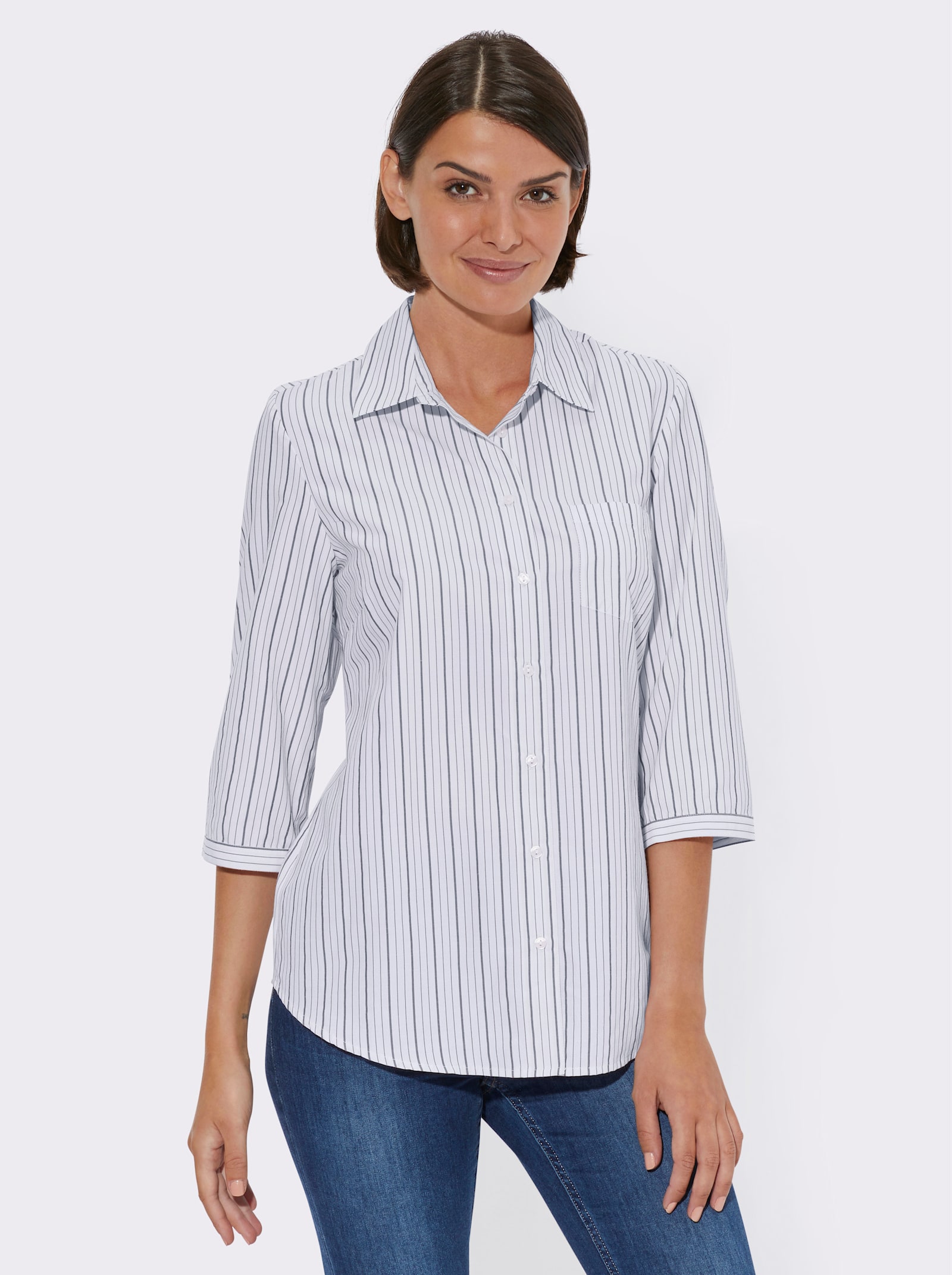 Hemdbluse mit 3/4-Ärmeln, gestreift - dunkelblau-gestreift