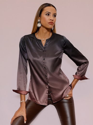 Langarmbluse aus matt-schimmernden Satin - schwarz-rotbraun-bedruckt