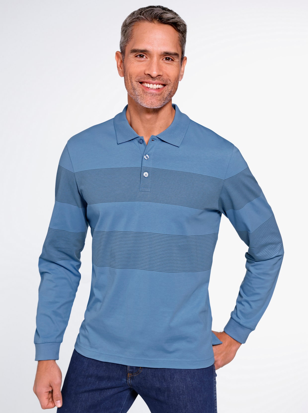 Langarm-Poloshirt - mittelblau-rauchblau