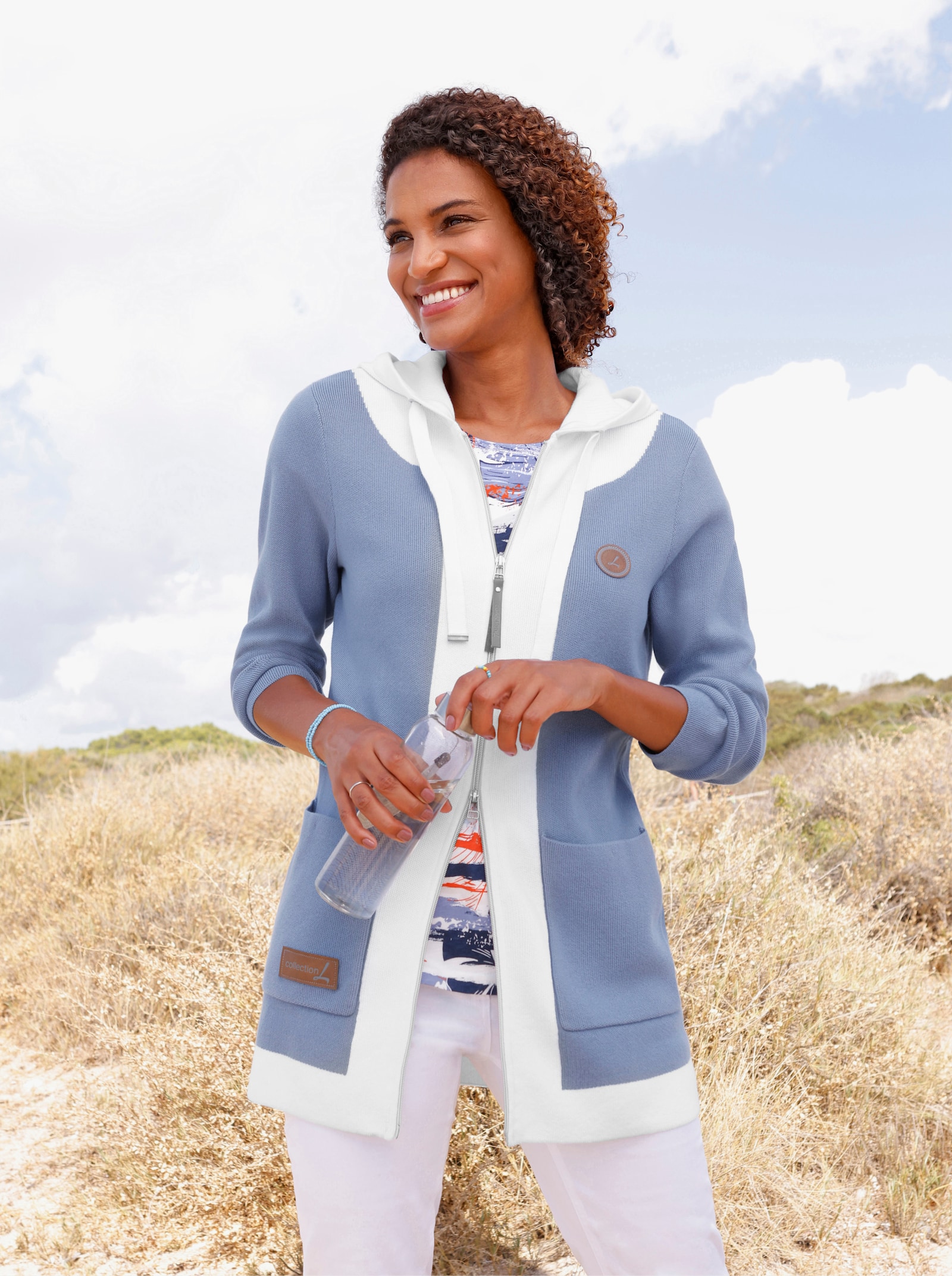 Longstrickjacke mit 2-Wege-Reißverschluss - taubenblau-ecru