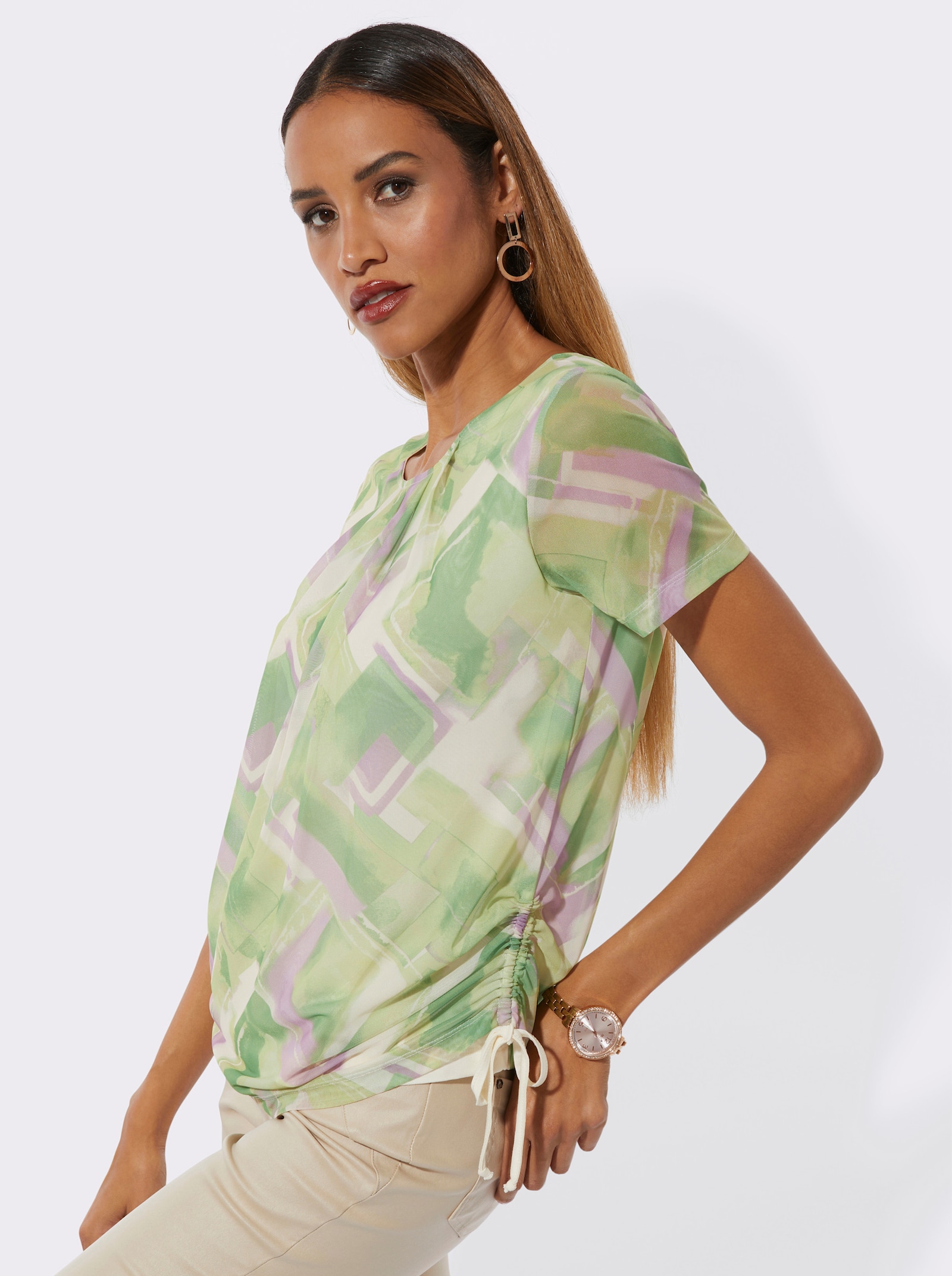 Rundhalsshirt aus Mesh, blickdicht gefüttert - pistazie-apfel-bedruckt