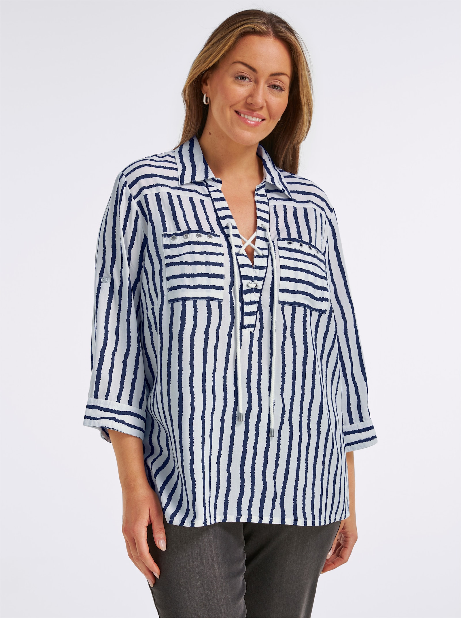 Gestreifte Bluse mit Schnürung am Ausschnitt - marine-weiß-gestreift