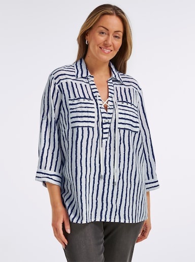 Gestreifte Bluse mit Schnürung am Ausschnitt - marine-weiß-gestreift