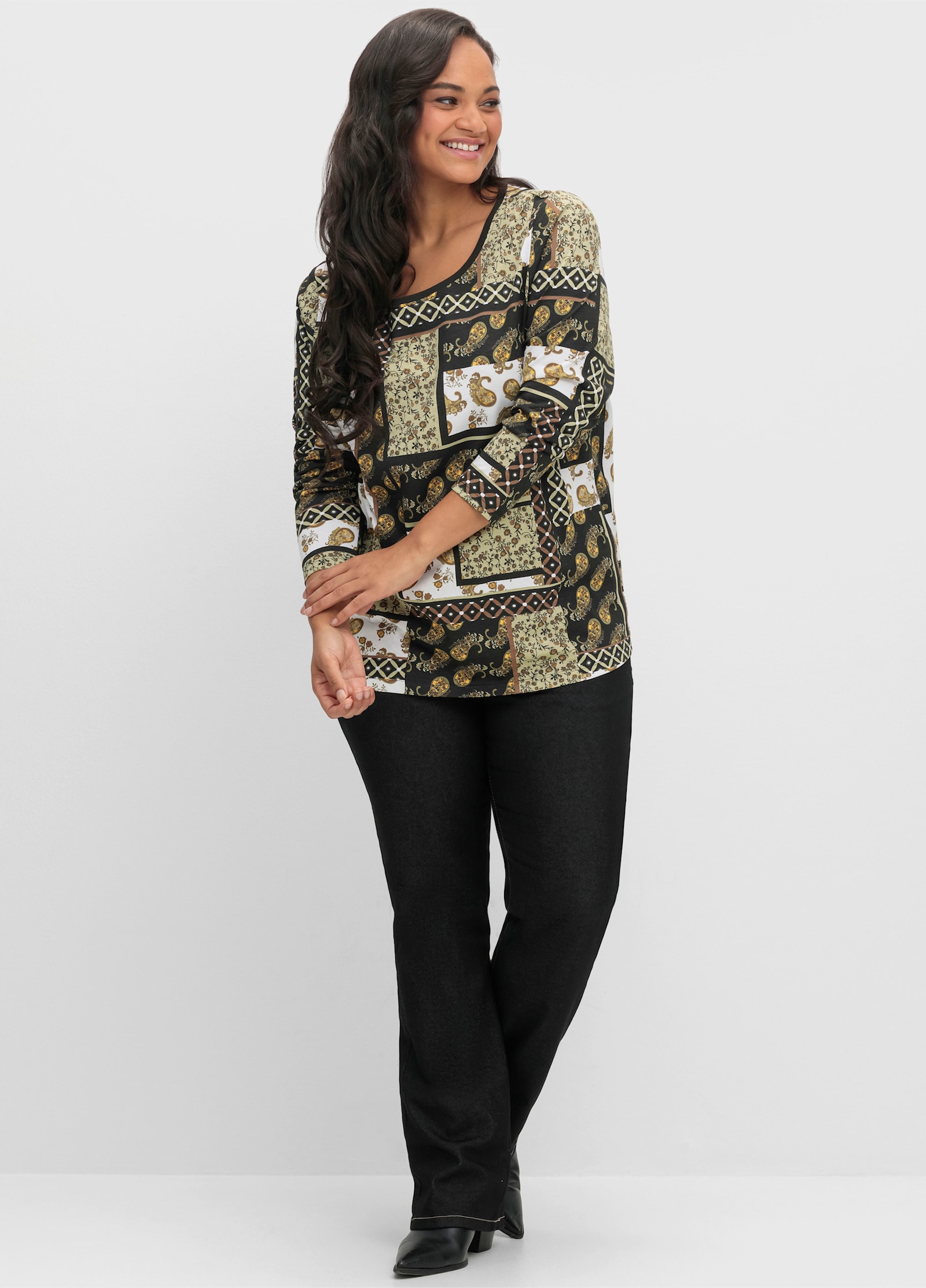 Langarmshirt im Patchwork-Druck - schilf-schwarz-bedruckt