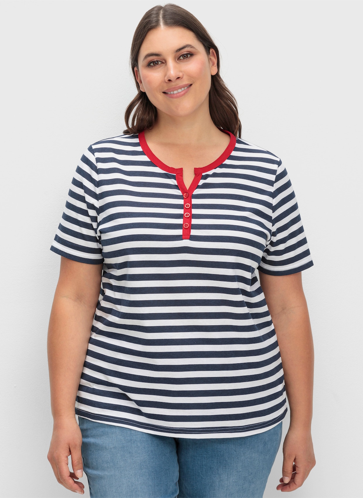 Kurzarmshirt - weiß-marine-gestreift